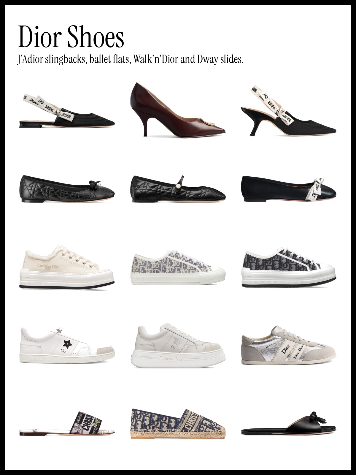 Collage of Dior shoes including J'Adior slingbacks, ballet flats, ankle boots, Walk'n'Dior sneakers and Dway slides