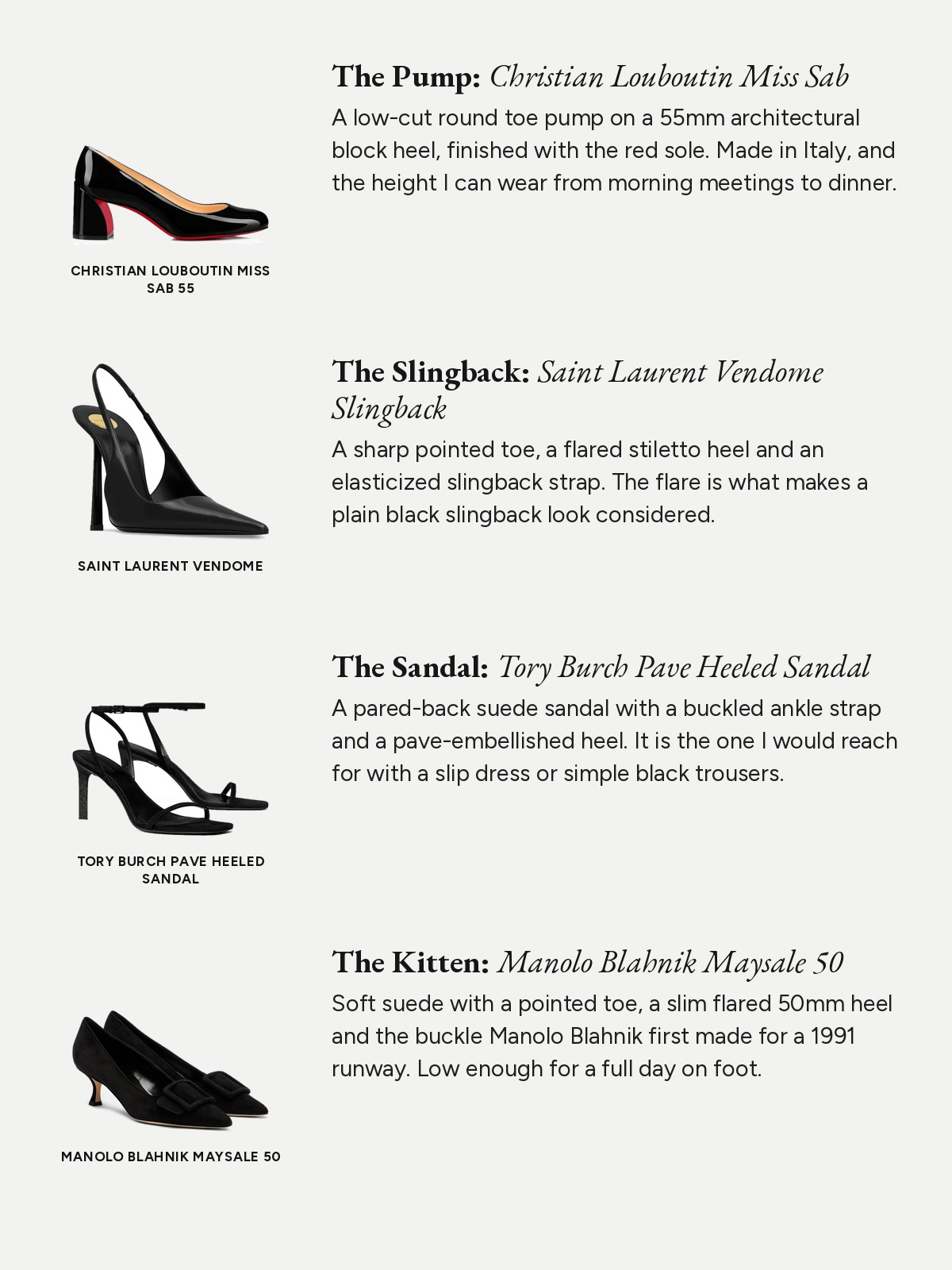 Four black heels: a Louboutin pump, a Saint Laurent slingback, a Tory Burch sandal and a Manolo Blahnik kitten heel