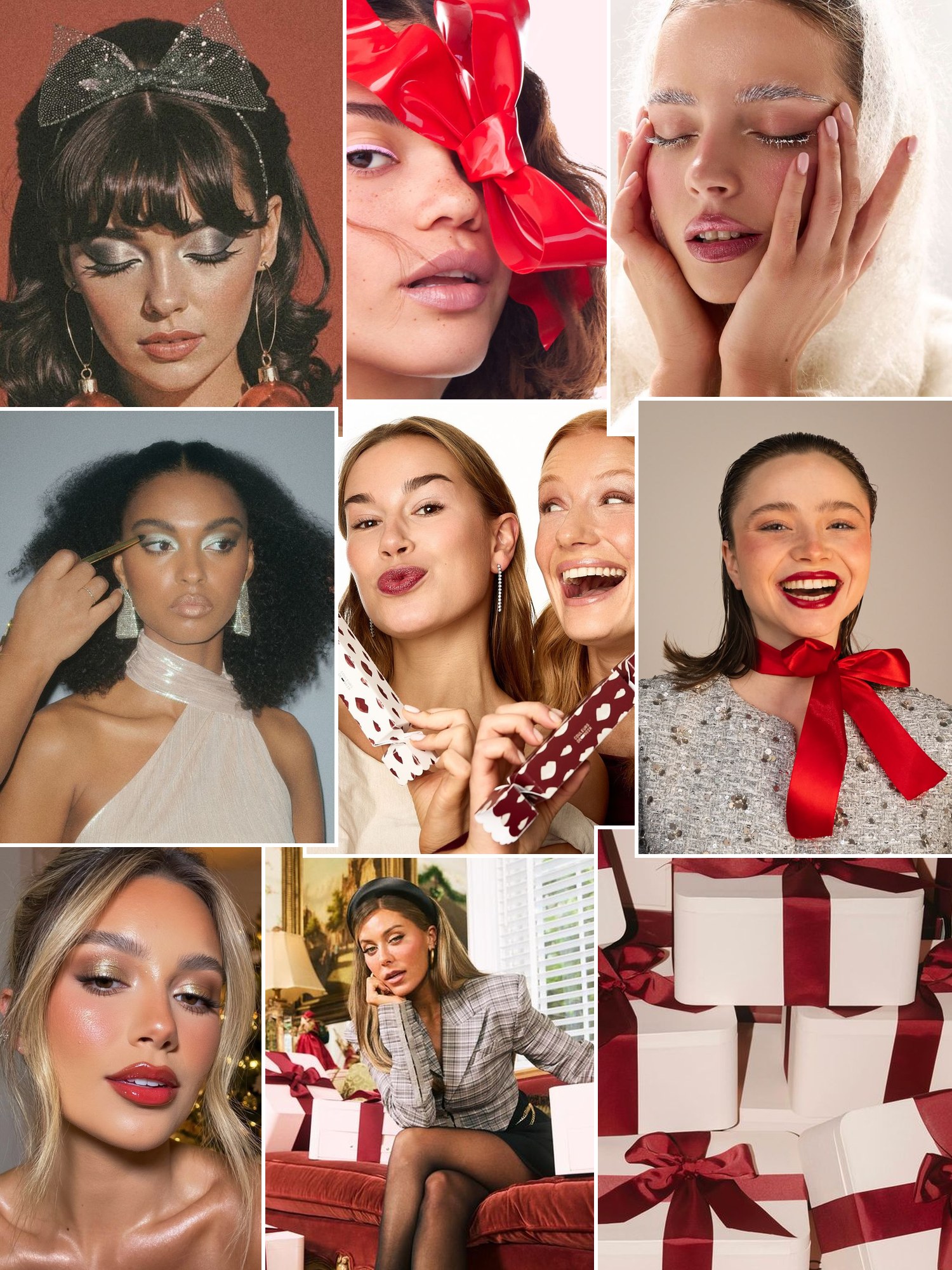 Street style collage of women wearing holiday beauty gift sets