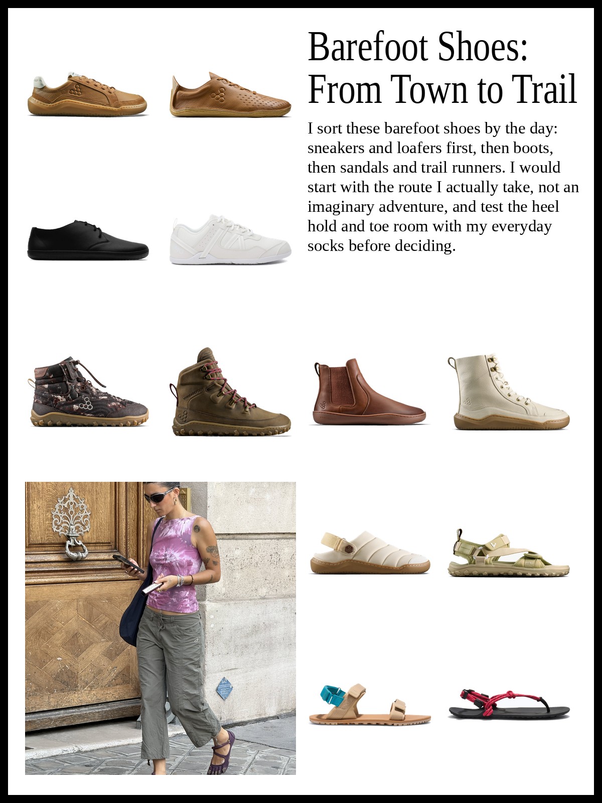 Collage of everyday sneakers and loafers, boots and waterproof trail shoes, and sandals, mules and trail runners