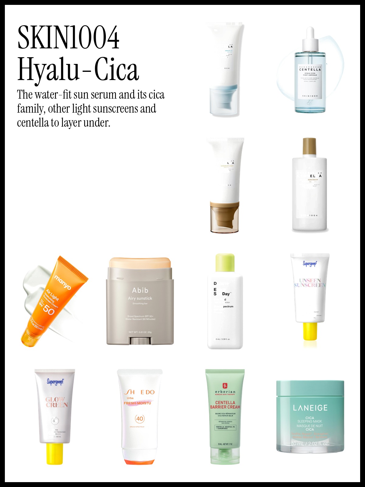 Collage of SKIN1004 Madagascar Centella Hyalu-Cica Water-Fit Sun Serum UV SPF50, ma:nyo Air Light Moisturizing Sunscreen SPF 50 and Supergoop Unseen Sunscreen SPF 50