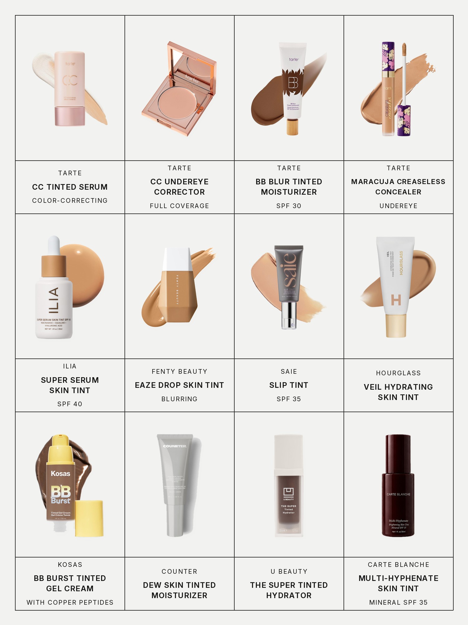Twelve boxes on a pale grey page, one for each product in this edit, each with its brand and name printed below: Tarte CC Color-Correcting Tinted Serum, Tarte CC Full Coverage Undereye Color Corrector, Tarte BB Blur Natural Matte Tinted Moisturizer Broad Spectrum SPF 30 Sunscreen, Tarte Maracuja Creaseless Full Coverage Radiant Undereye Concealer, Ilia Super Serum Skin Tint SPF 40 - Hydrating Foundation, Fenty Beauty Eaze Drop Blurring Skin Tint, Saie Slip Tint Lightweight Tinted Moisturizer with Mineral Zinc SPF 35 and Hyaluronic Acid, Hourglass Veil Hydrating Skin Tint Foundation, Kosas BB Burst Tinted Moisturizer Gel Cream with Copper Peptides, Counter Dew Skin Tinted Moisturizer, U Beauty The Super Tinted Hydrator and Carte Blanche Multi-Hyphenate Brightening Skin Tint Mineral SPF 35.