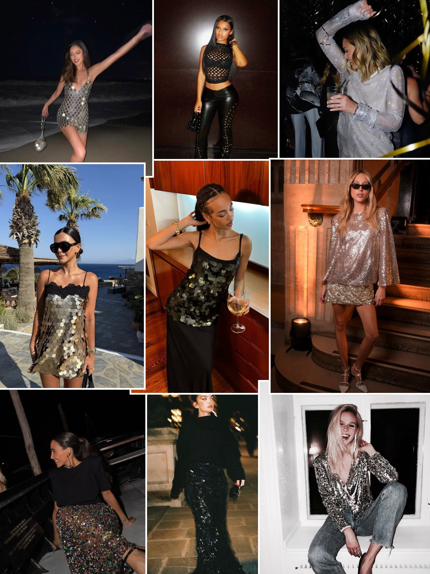 Collage of sequin party outfits at night