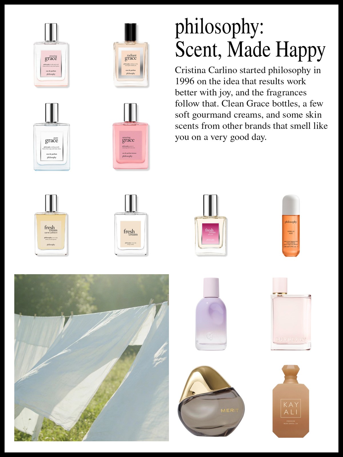Collage of philosophy fragrance bottles and body mists and clean skin scents from other brands, with a mood photo of white sheets drying on a line in the sun.