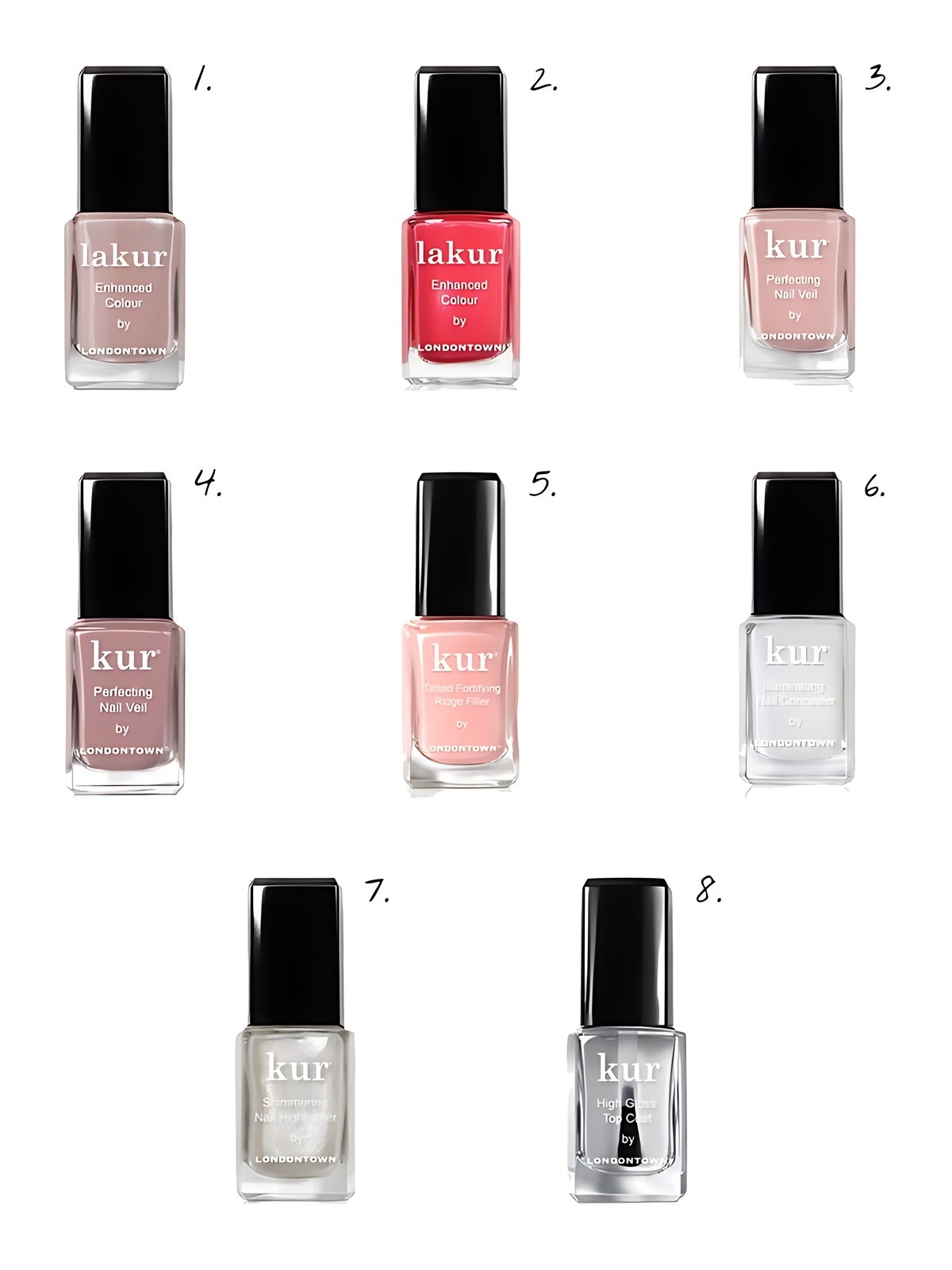 Numbered collage: 1. Londontown Lakur Nail Polish 0.4 oz.; 2. Londontown Lakur Enhanced Color Nail Polish; 3. Londontown Perfecting Nail Veil 0.4 oz.; 4. Londontown Perfecting Nail Veil #3 - Violet Mauve 0.4 oz.; 5. Londontown Tinted Fortifying Ridge Filler - Petal Pink 0.4 oz.; 6. Londontown Illuminating Nail Concealer 0.4 oz.; 7. Londontown Shimmering Nail Highlighter 0.4 oz.; 8. Londontown High Gloss Top Coat 0.4 oz.