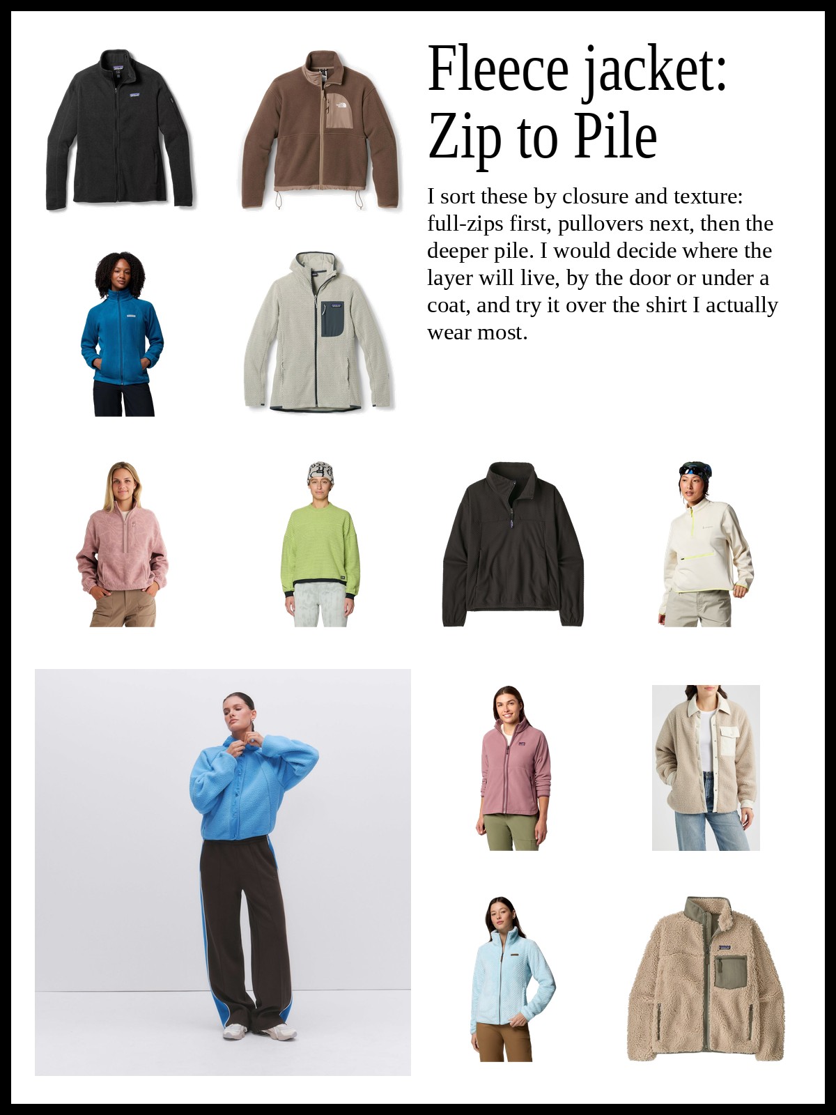 Collage of full-zip fleece jackets, pullover fleece jackets, and sherpa and high-pile fleece jackets, plus a mood photo of a model wearing a blue fleece jacket