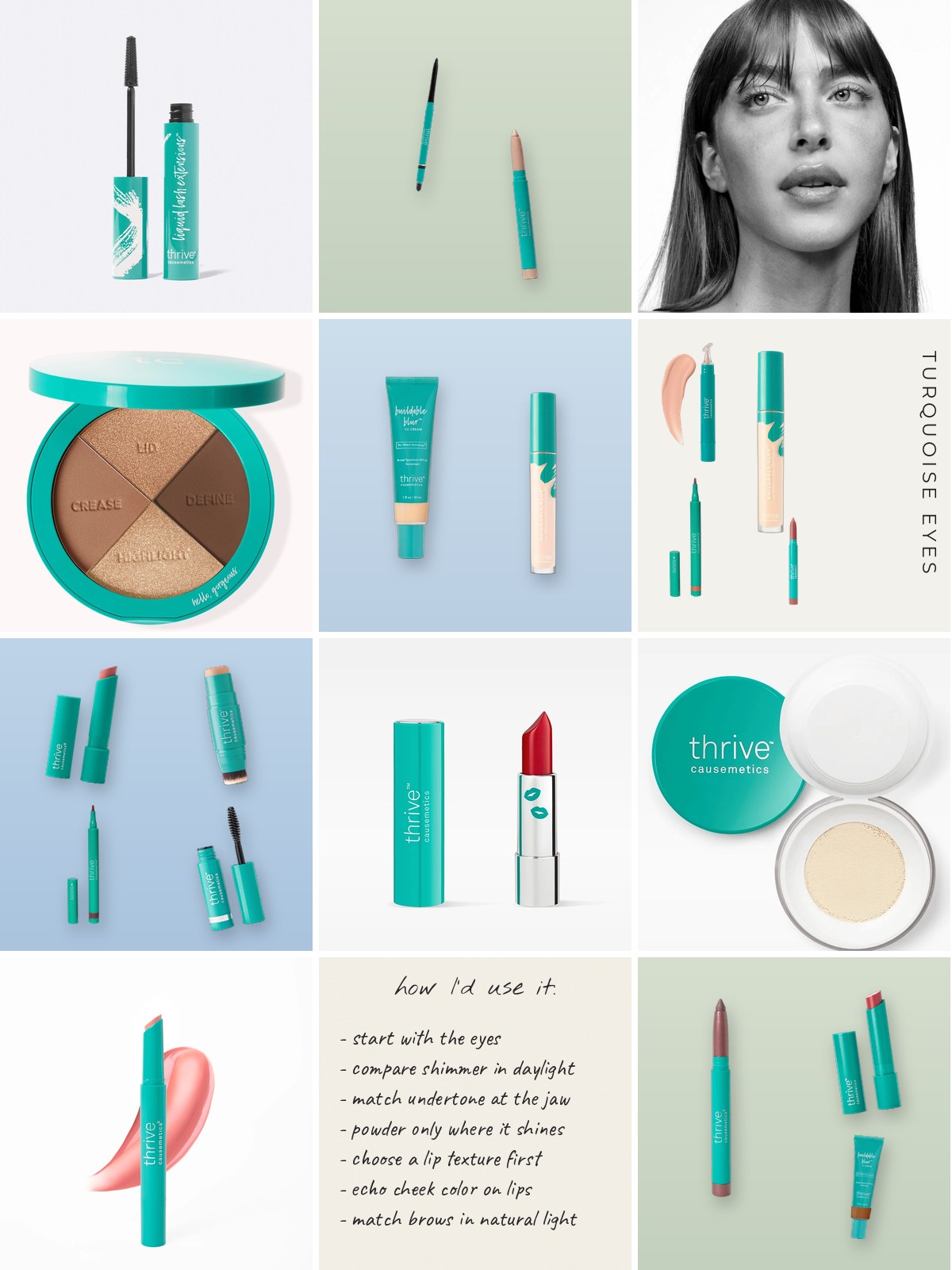 Collage: twenty Thrive Causemetics products with a how I would use it note