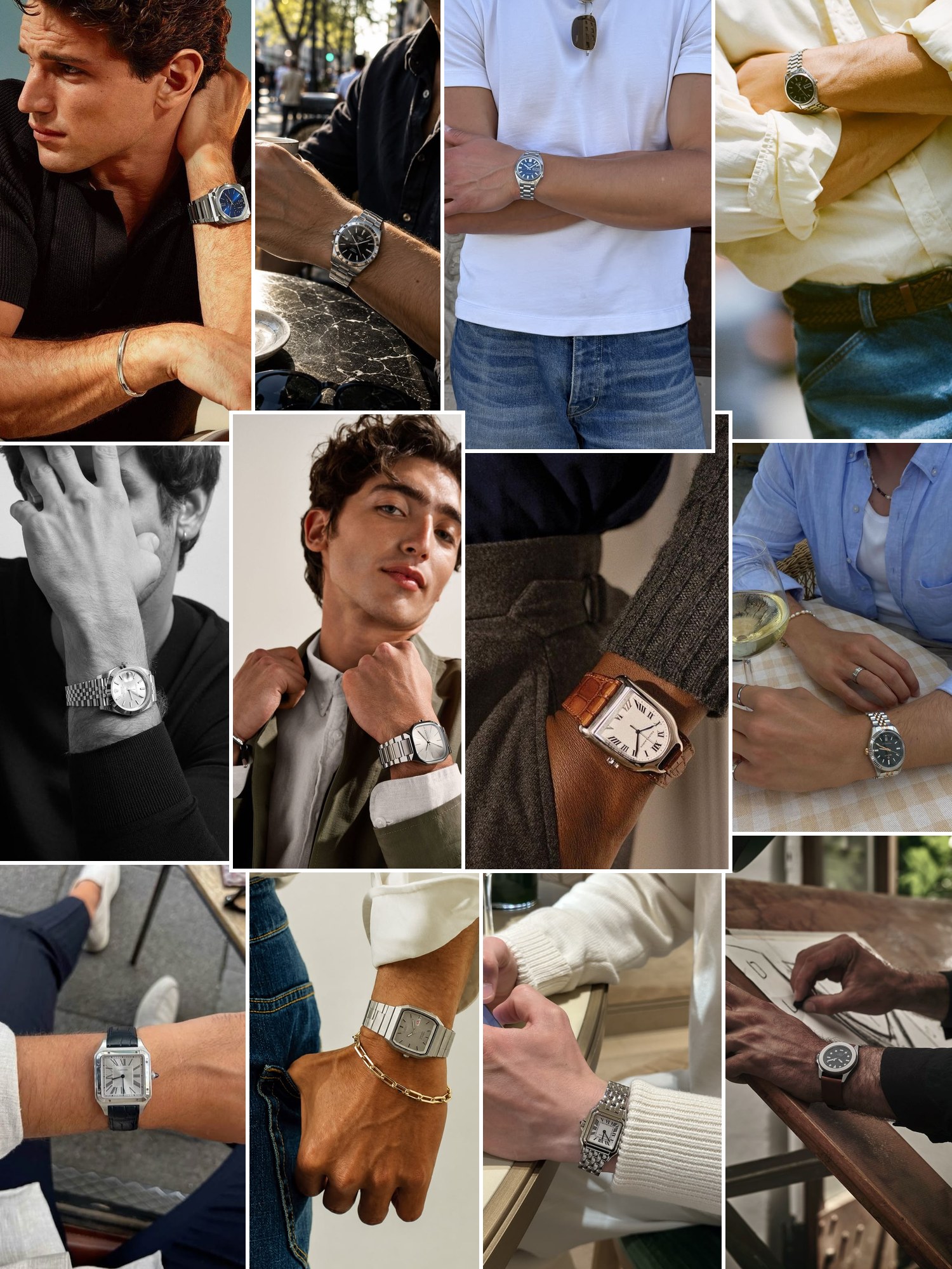 Street style collage of women wearing steel anniversary gifts for him