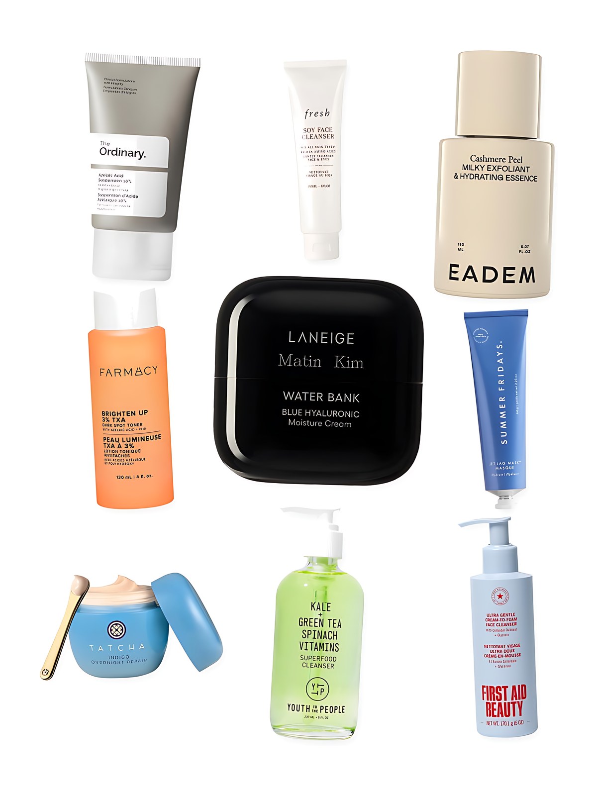 Collage on a white background showing EADEM Cashmere Peel Milky Exfoliant & Hydrating Essence — Daily AHA + PHA Formula with 9% Azelaic, Lactic & Tranexamic Acids, fresh Soy Hydrating Gentle Face Cleanser, Summer Fridays Jet Lag Mask + Moisturizer Deep Hydration Treatment with Ceramides, Farmacy Brighten Up 3% TXA Dark Spot Toner with Azelaic Acid, Youth To The People Superfood Hydrating Gentle Antioxidant Refillable Cleanser, Laneige Water Bank Blue Hyaluronic Cream Moisturizer for Moisture Barrier Repair, The Ordinary Azelaic Acid Suspension 10% Cream for Redness and Blemish-Prone Skin, First Aid Beauty Ultra Gentle Pure Skin Cream-to-Foam Face Cleanser with Colloidal Oatmeal + Glycerin and Tatcha Indigo Overnight Repair Redness Reducing Barrier Cream Moisturizer.