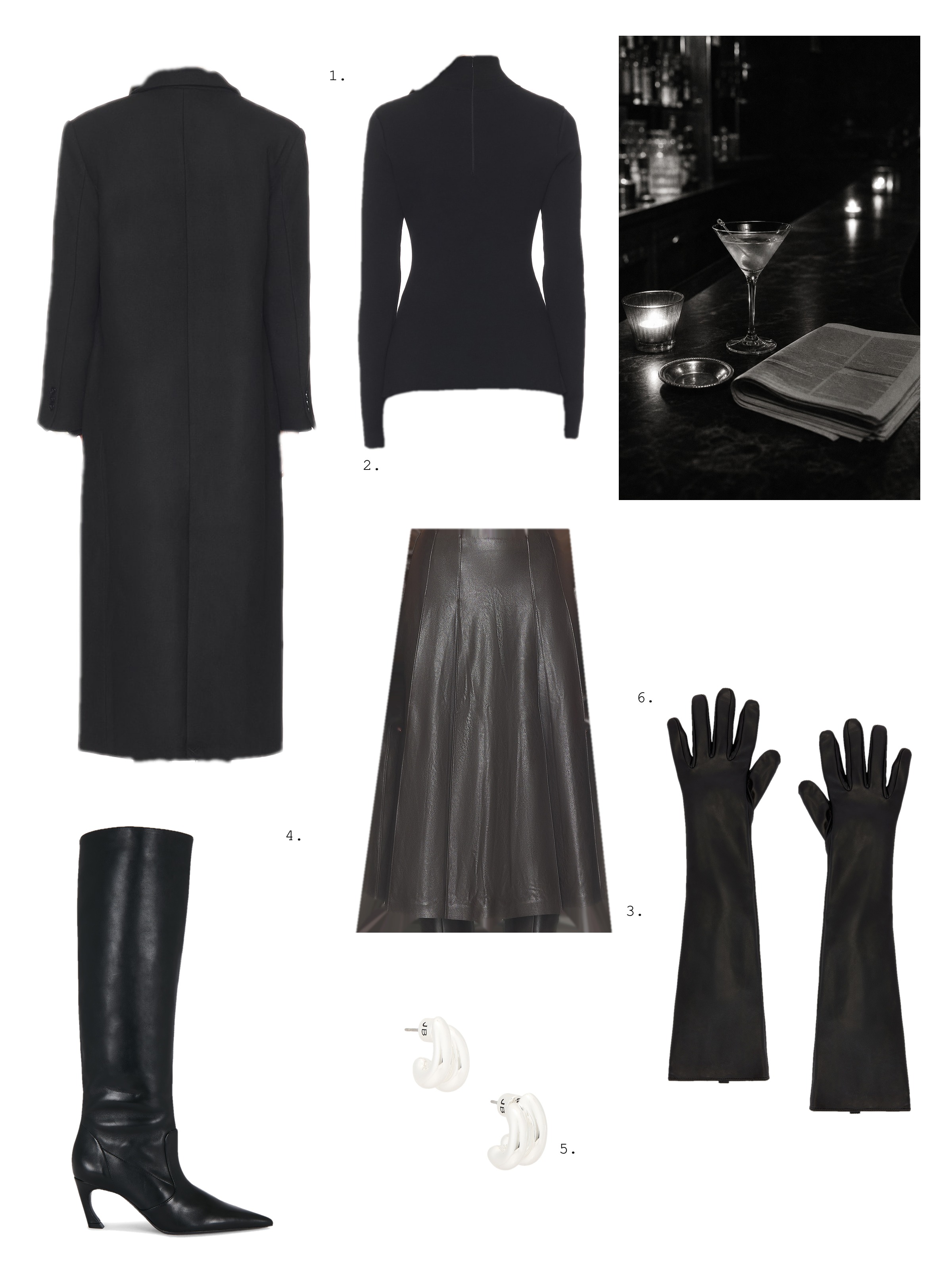 Winter moodboard collage: a black and white photo of a martini and candles on a dark bar beside a long black coat, a black turtleneck, an espresso faux leather midi skirt, slouchy black boots, silver earrings and long black leather gloves.