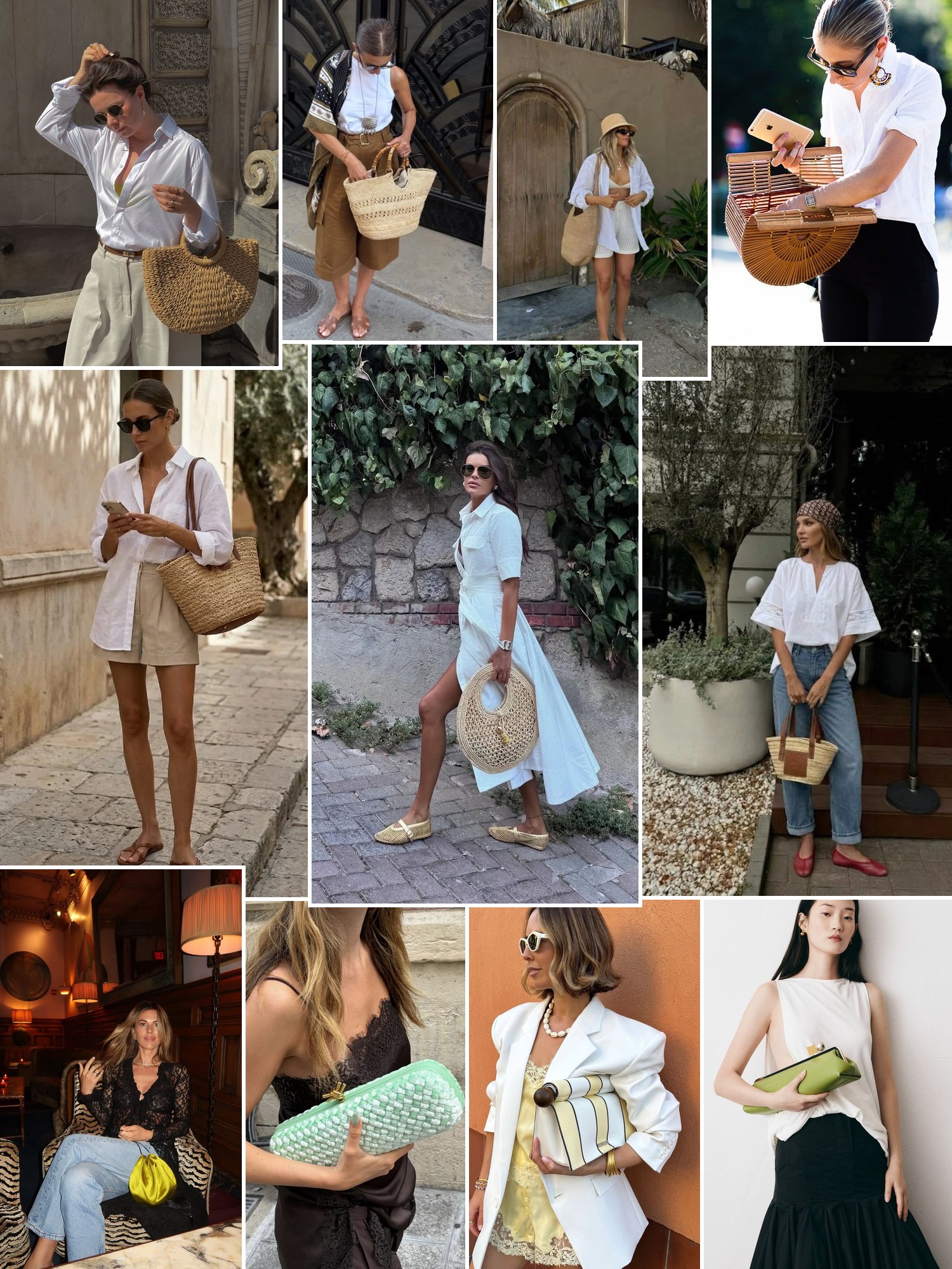 Collage of bamboo and wood lattice bags and similar looks