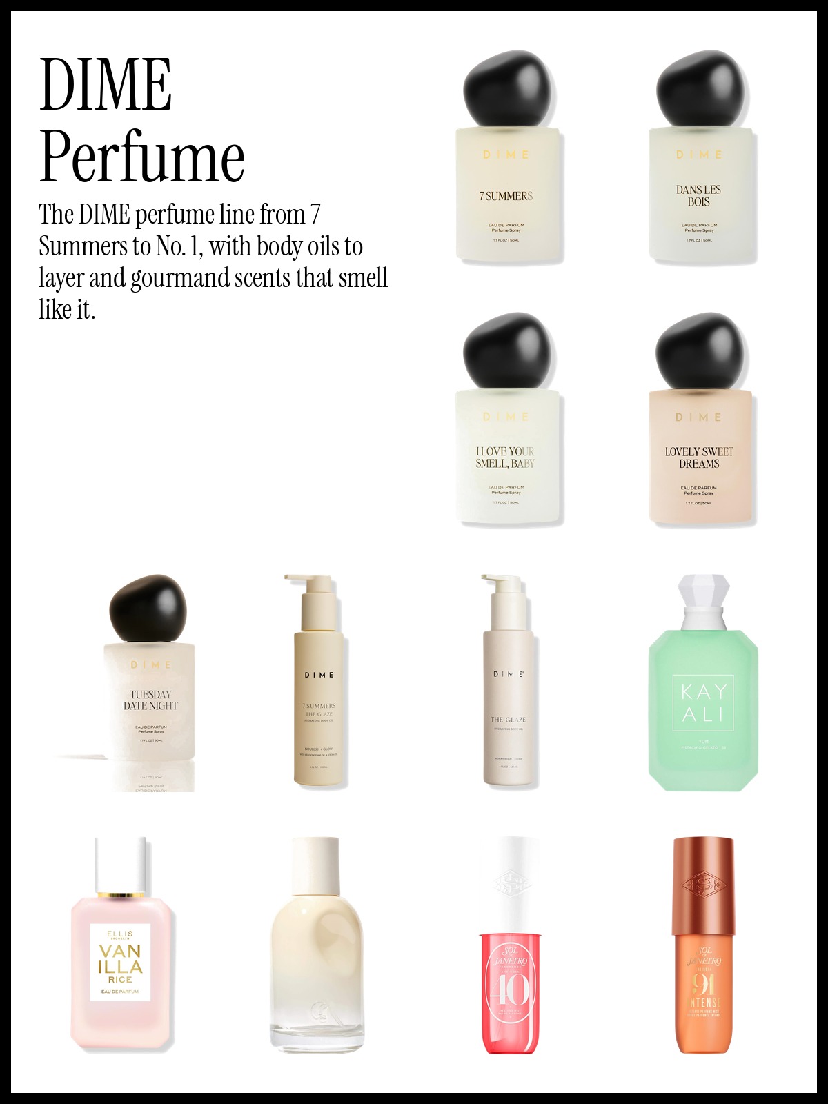 Collage of DIME 7 Summers Eau de Parfum, KAYALI Yum Pistachio Gelato and DIME Tuesday Date Night Perfume