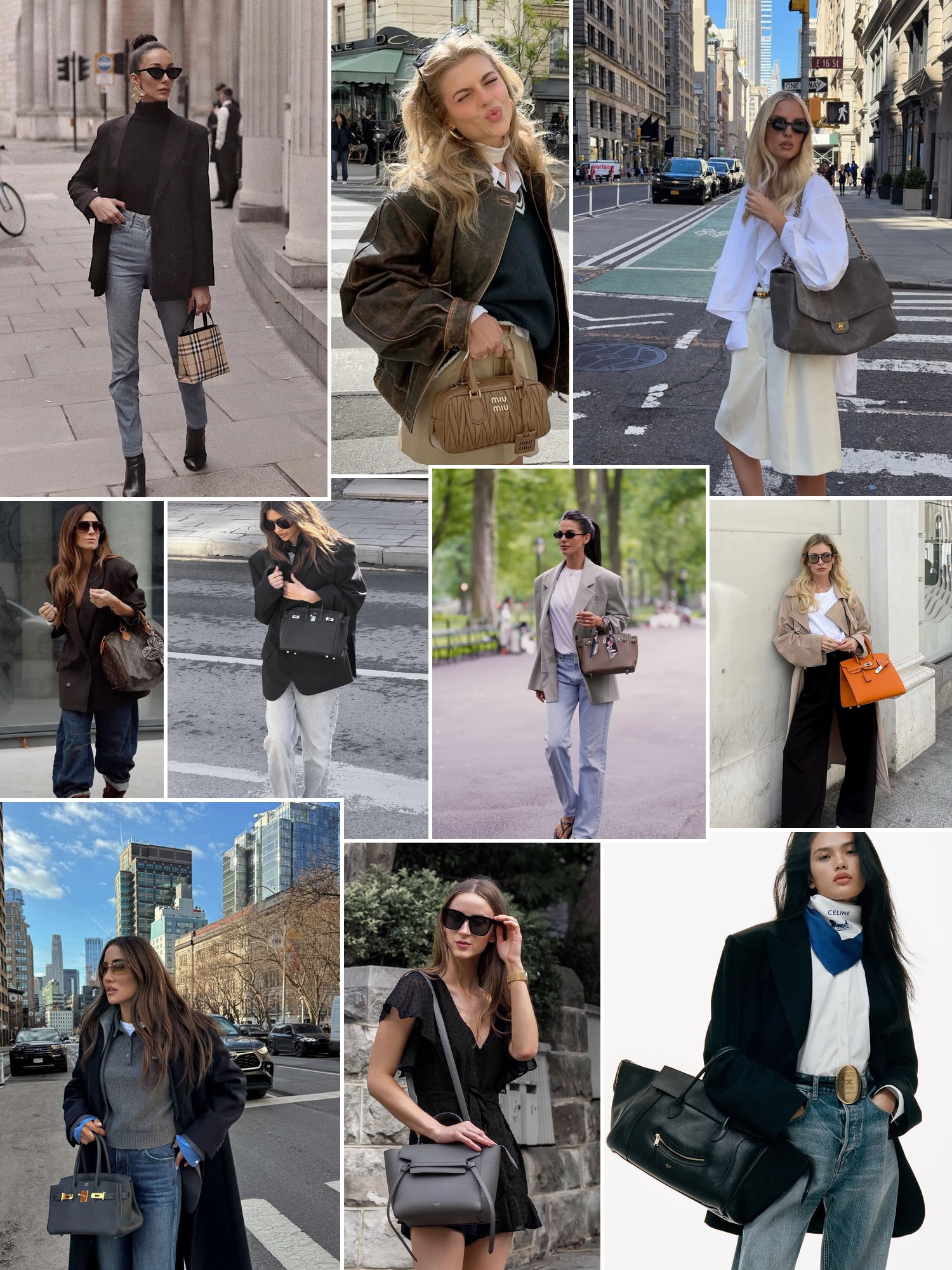 Street style collage of women wearing where to sell designer bags
