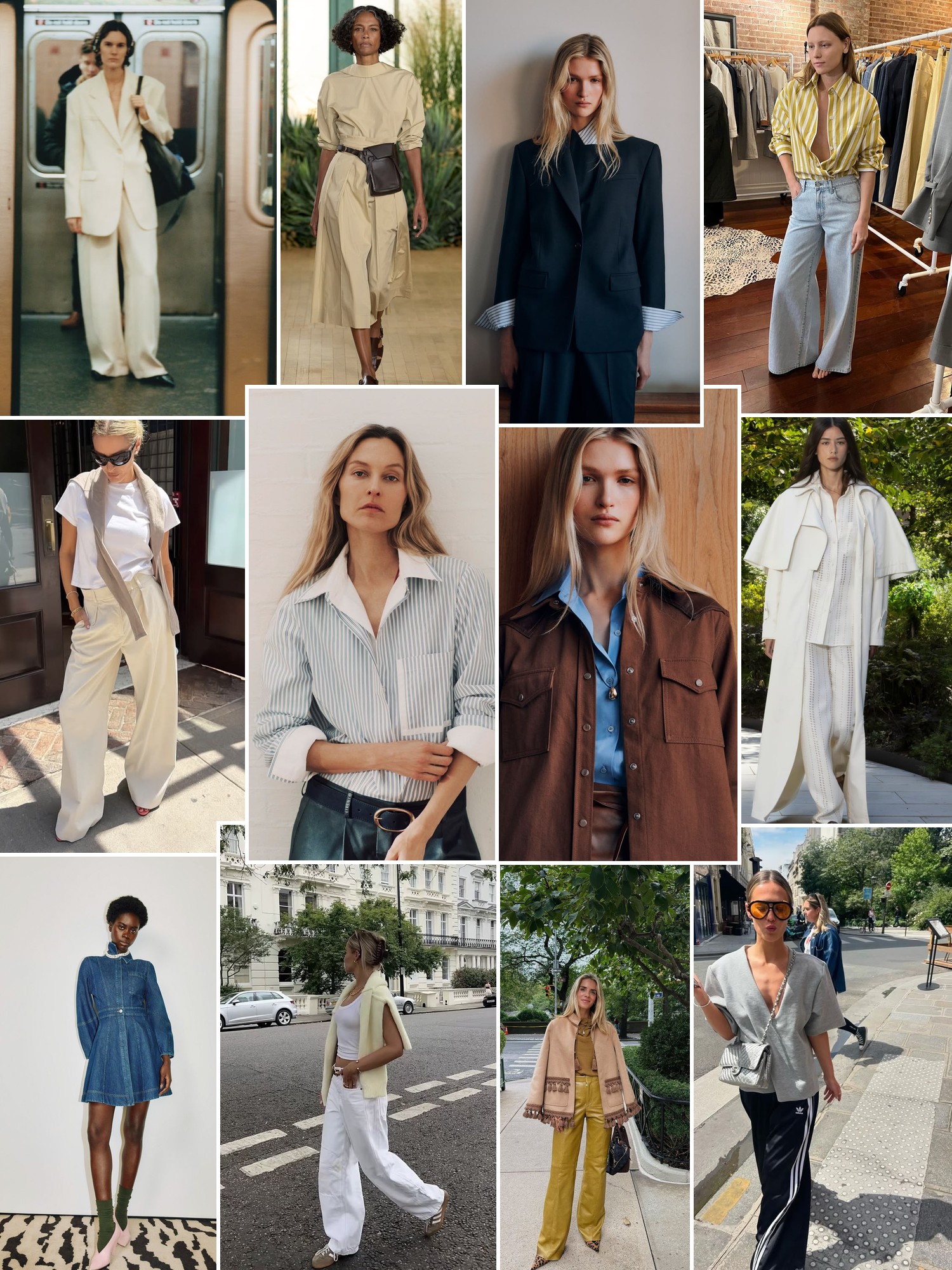Collage of runway looks, campaign shots and street style outfits that capture the TWP mood