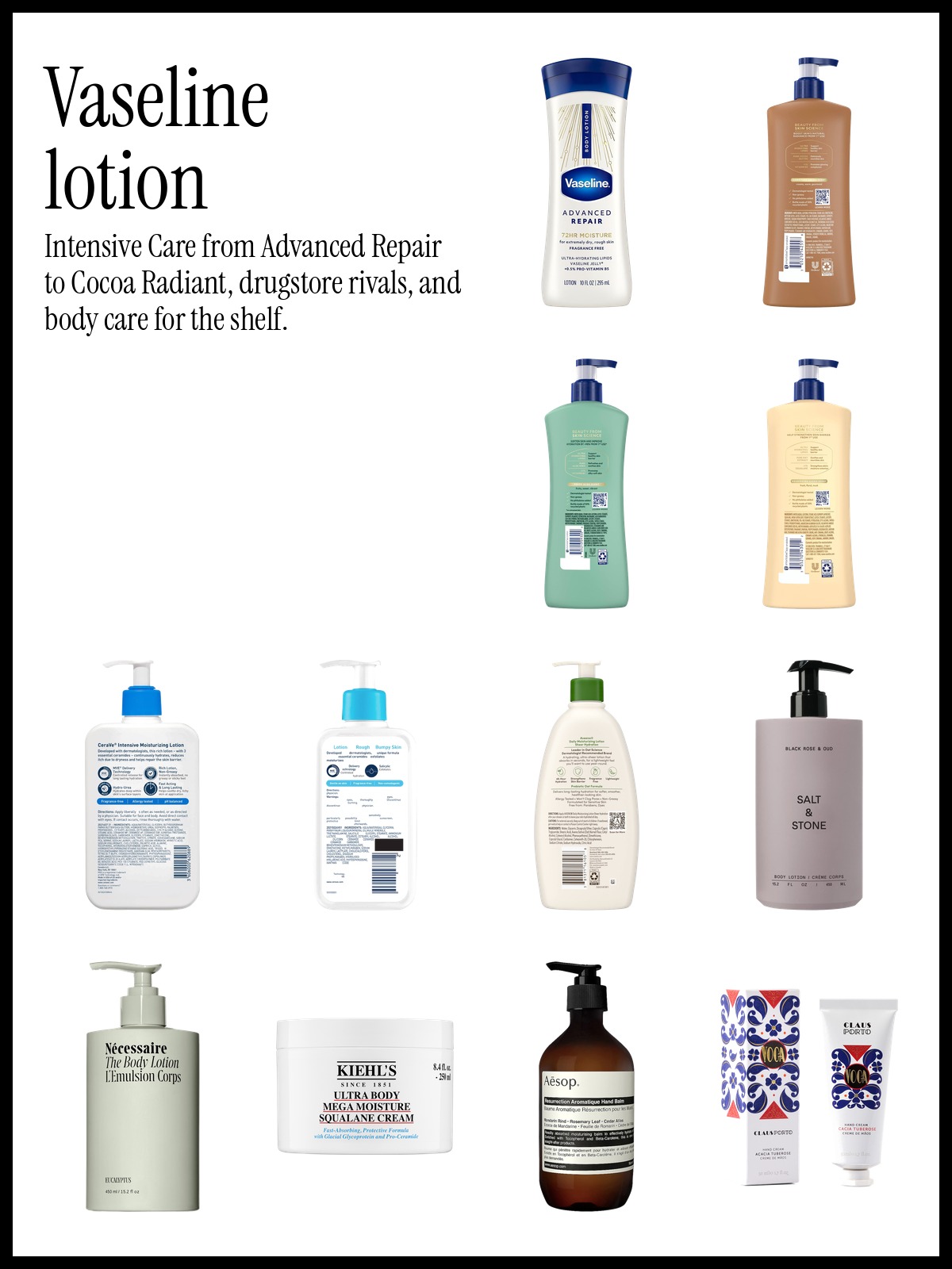 Collage of Vaseline Intensive Care Advanced Repair lotion, CeraVe Intensive Moisturizing Lotion and Salt & Stone body lotion