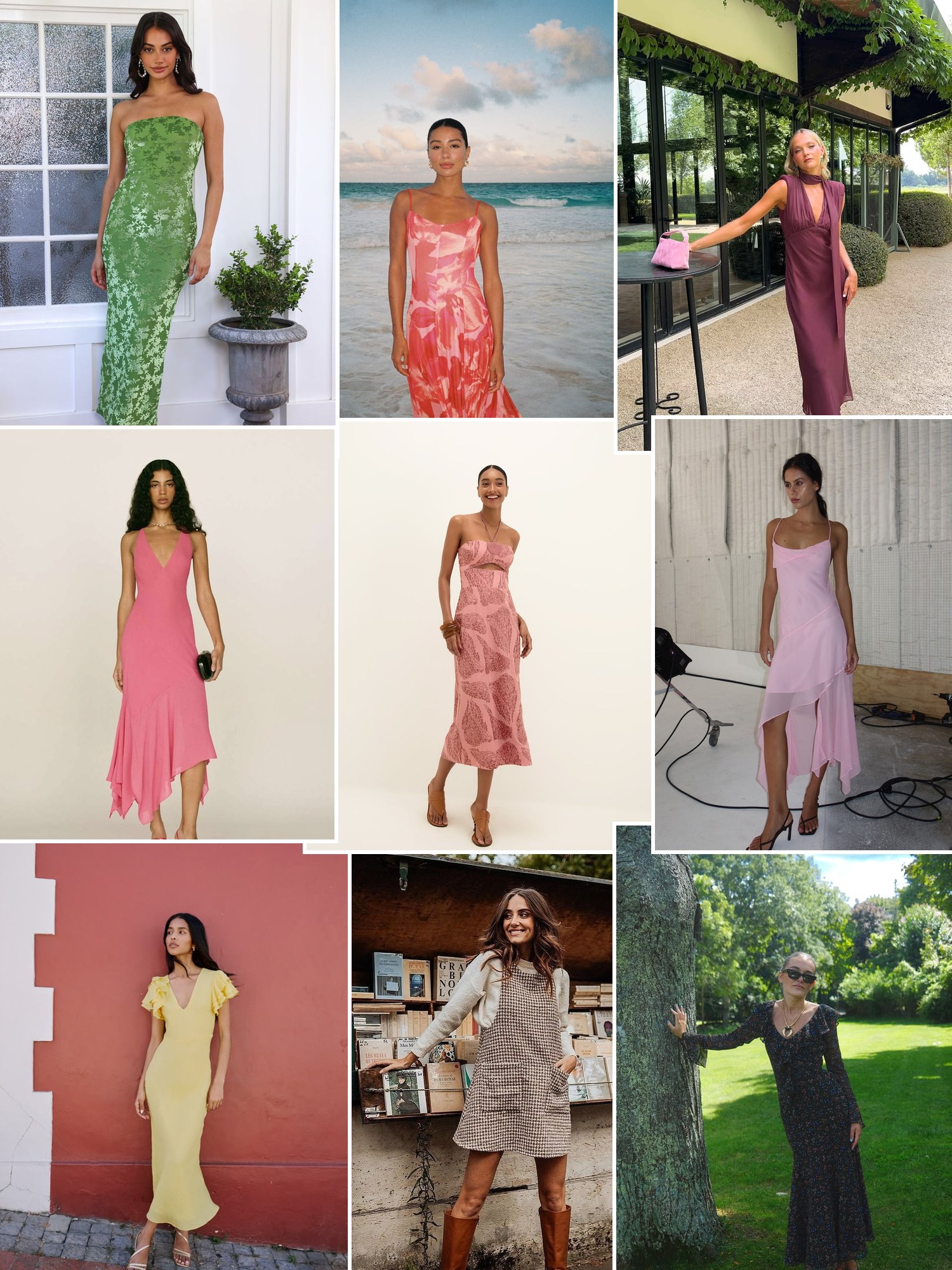 Street style collage of women wearing casual wedding guest dresses