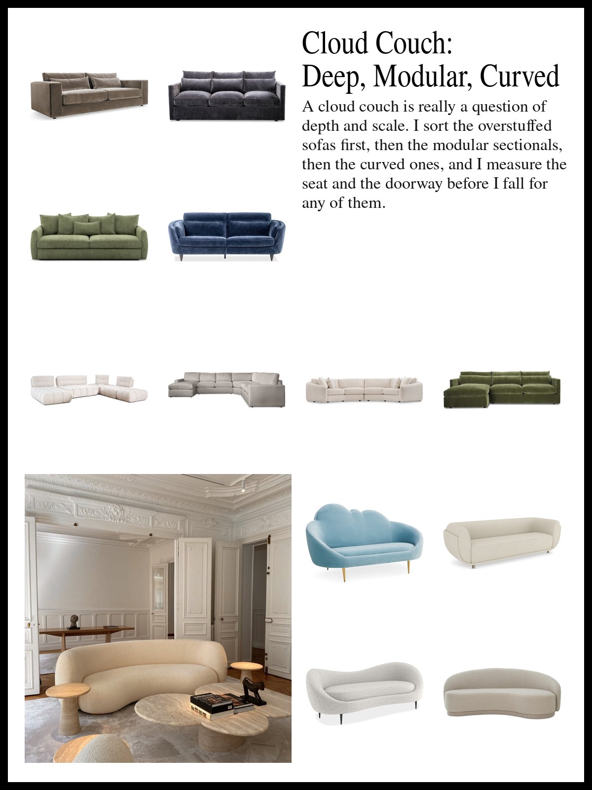 Collage of plush overstuffed fabric sofas, modular fabric sectionals, and curved rounded sofas, and a mood photo of a curved cream sofa in a Paris living room.