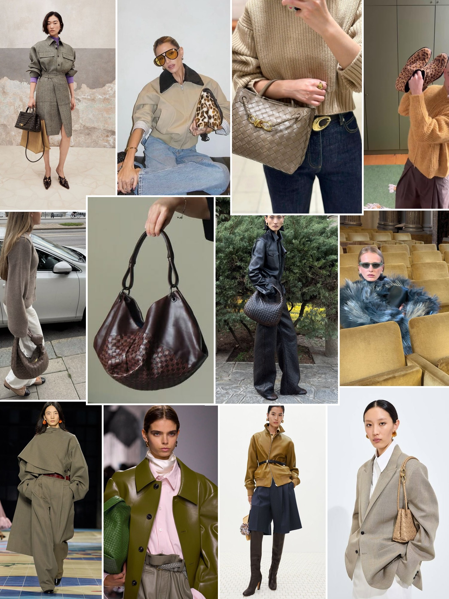 Collage of runway looks, campaign shots and street style outfits that capture the Bottega Veneta mood