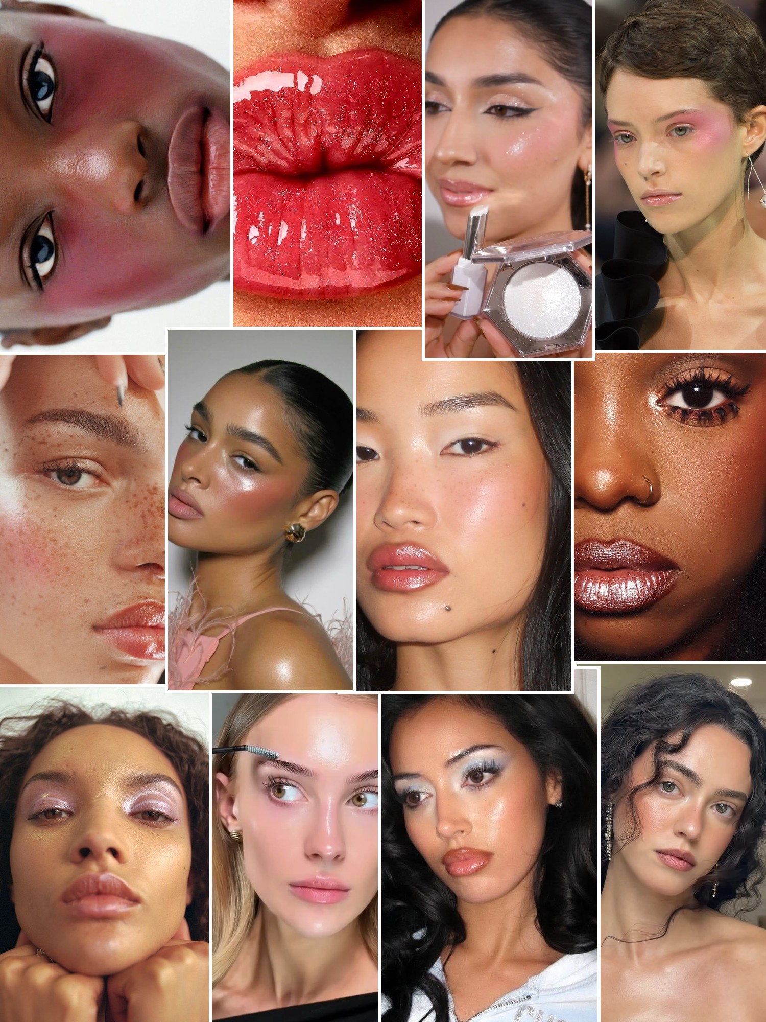 Collage of diverse beauty portraits with luminous skin, colorful eye makeup and close up lip looks