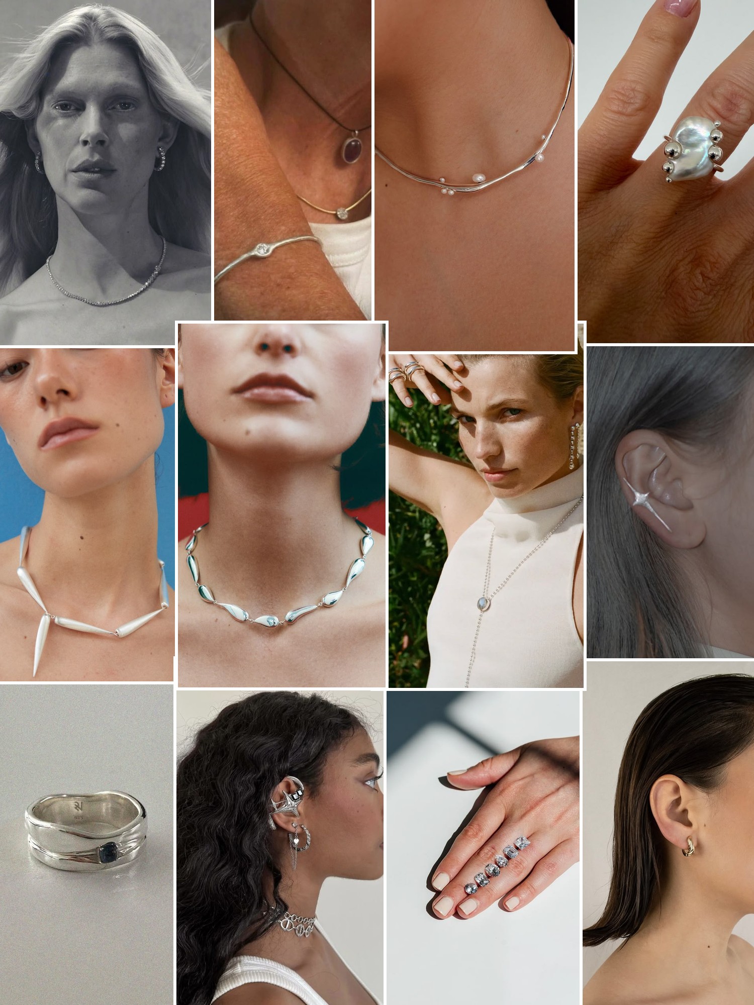 Collage of rings, earrings and layered necklaces worn up close, in the spirit of White/Space