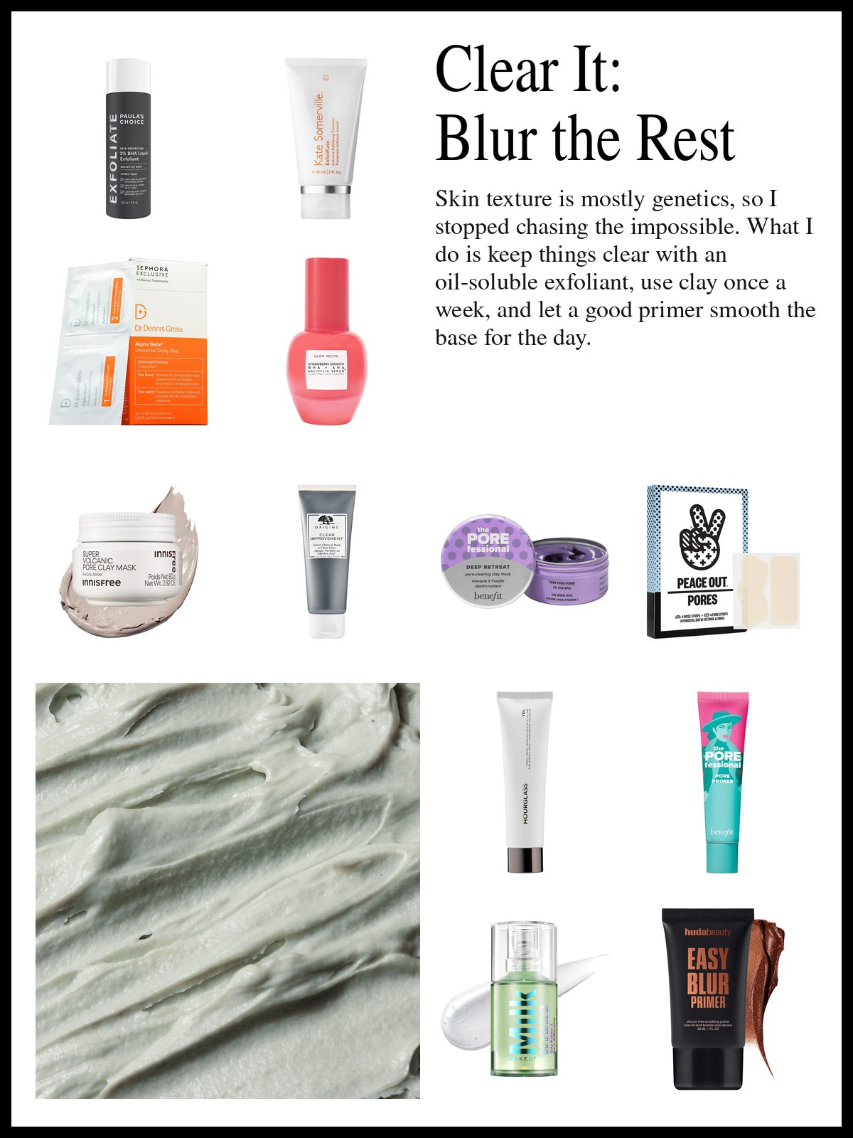Collage of BHA exfoliants, clay masks, nose strips and smoothing primers and a mood photo of sage green clay mask texture.