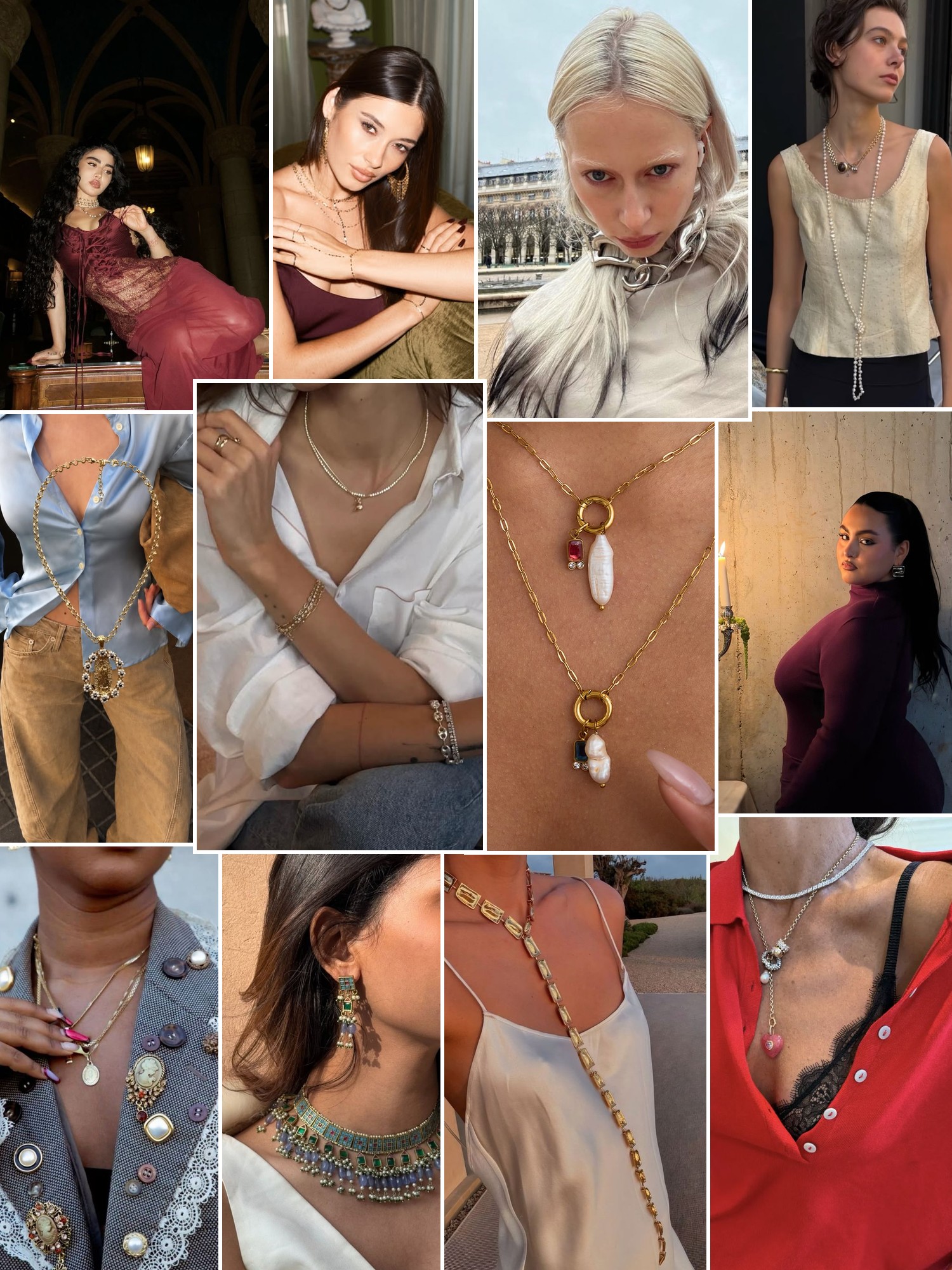 Collage of gold necklaces, rings and statement earrings styled with refined everyday looks.