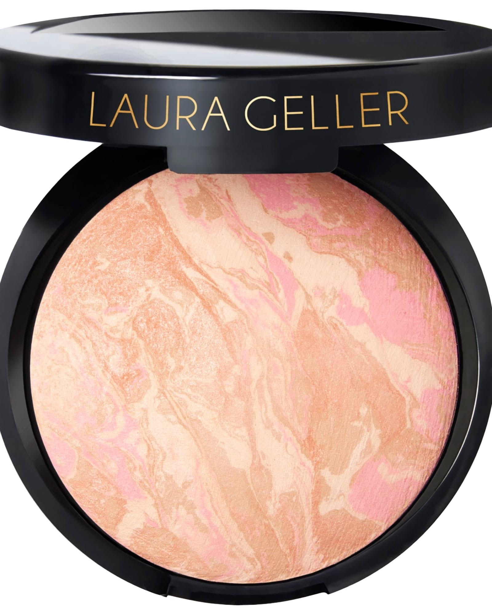 Open Laura Geller black compact with a marbled baked powder in swirls of peach, pink and beige