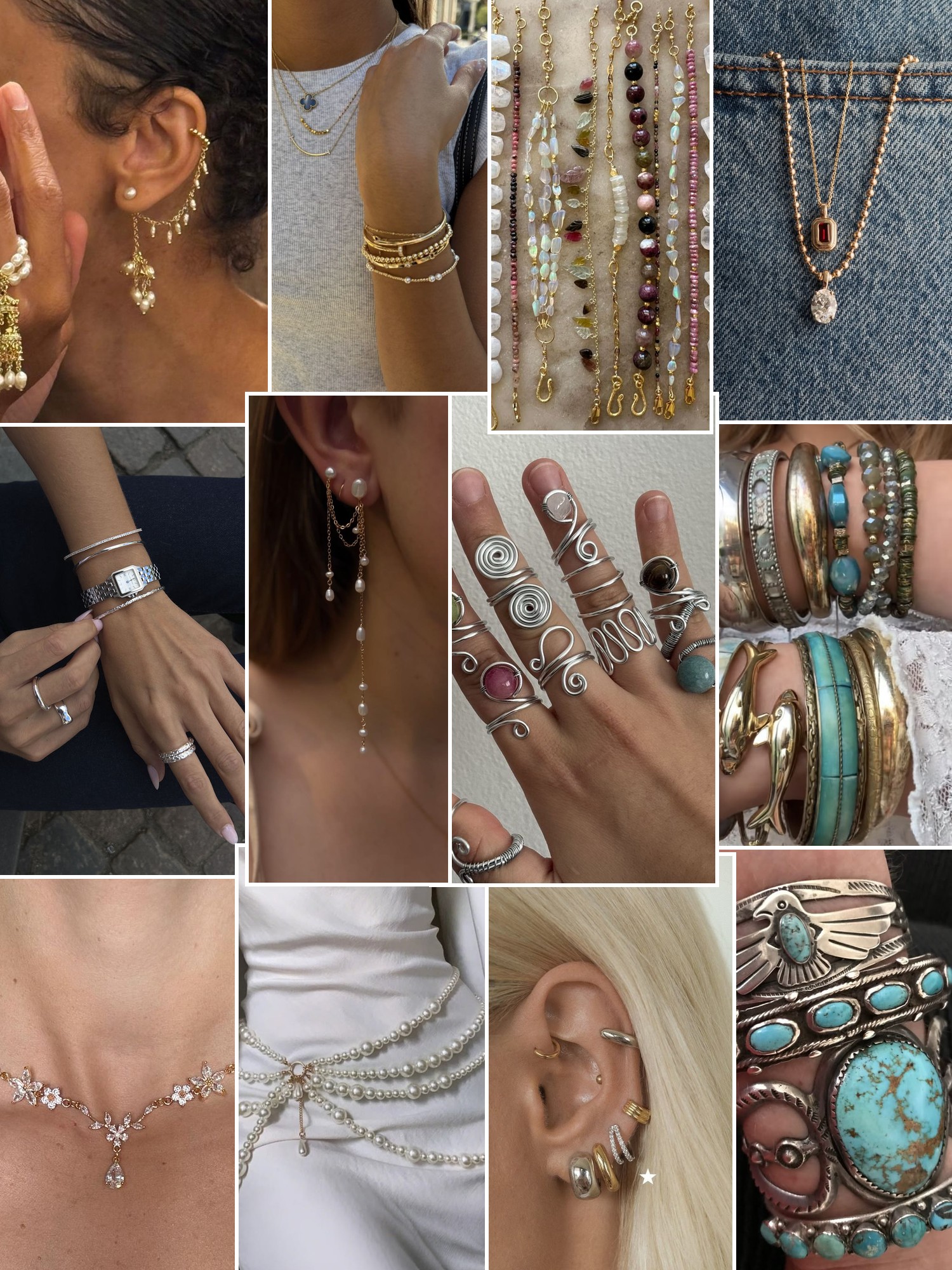 Collage of rings, earrings and layered necklaces worn up close, in the spirit of NeverNoT