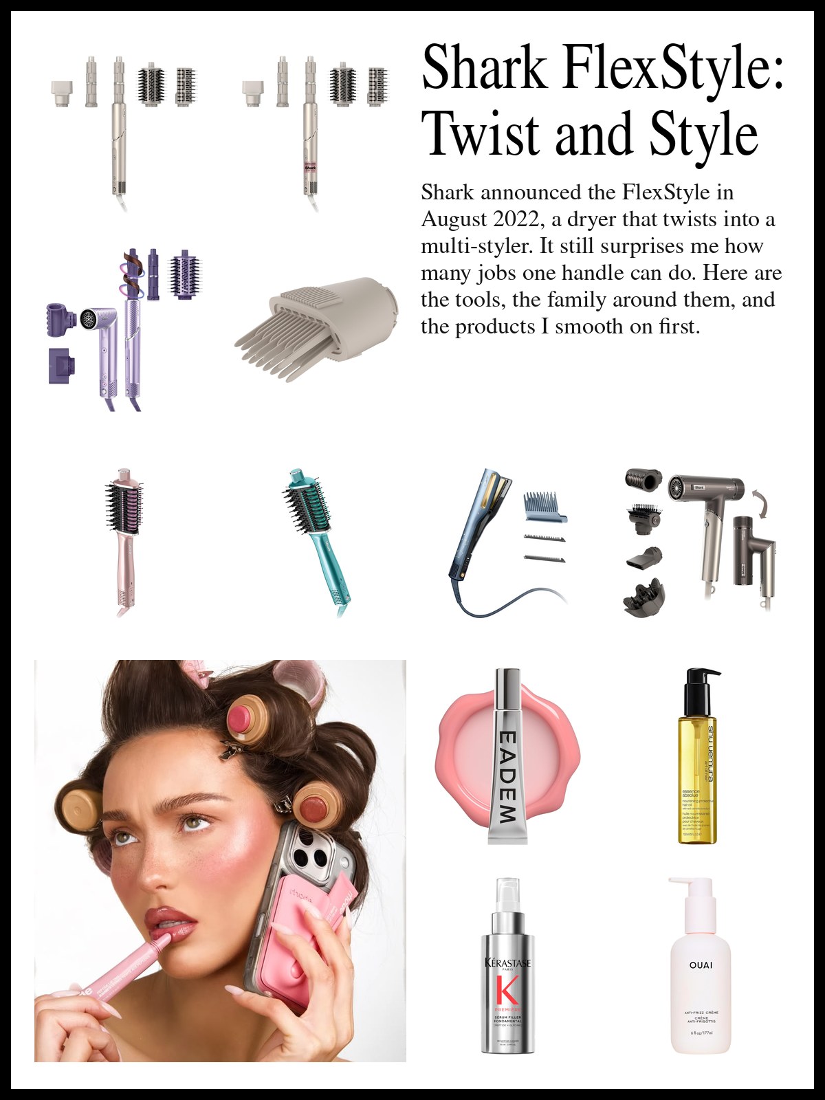 Collage of Shark styling tools and smoothing hair products beside a photo of a woman with brown hair in rollers, holding a pink phone case to her ear and a pink lip tube to her mouth.