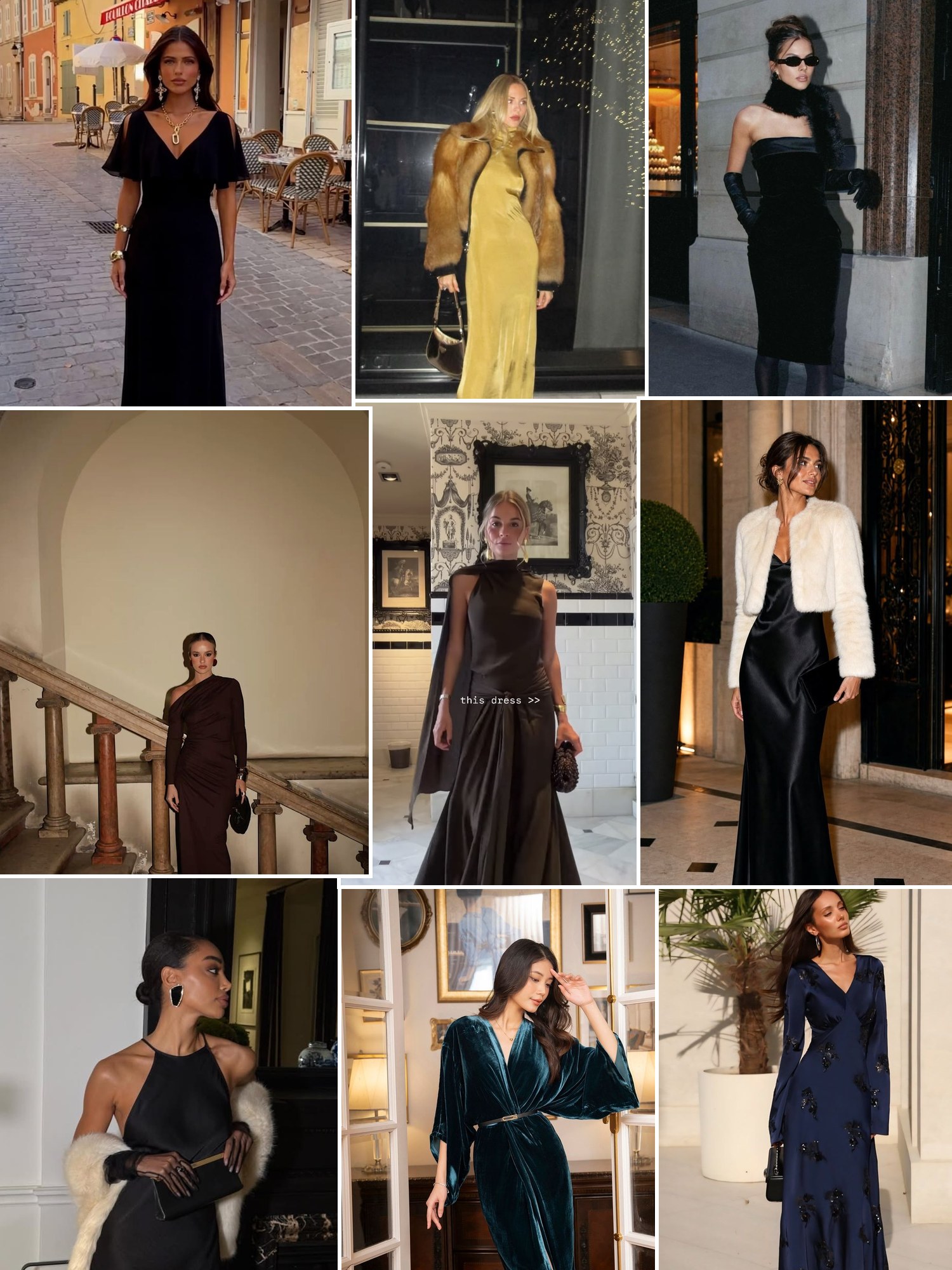 Street style collage of women wearing winter formal dresses