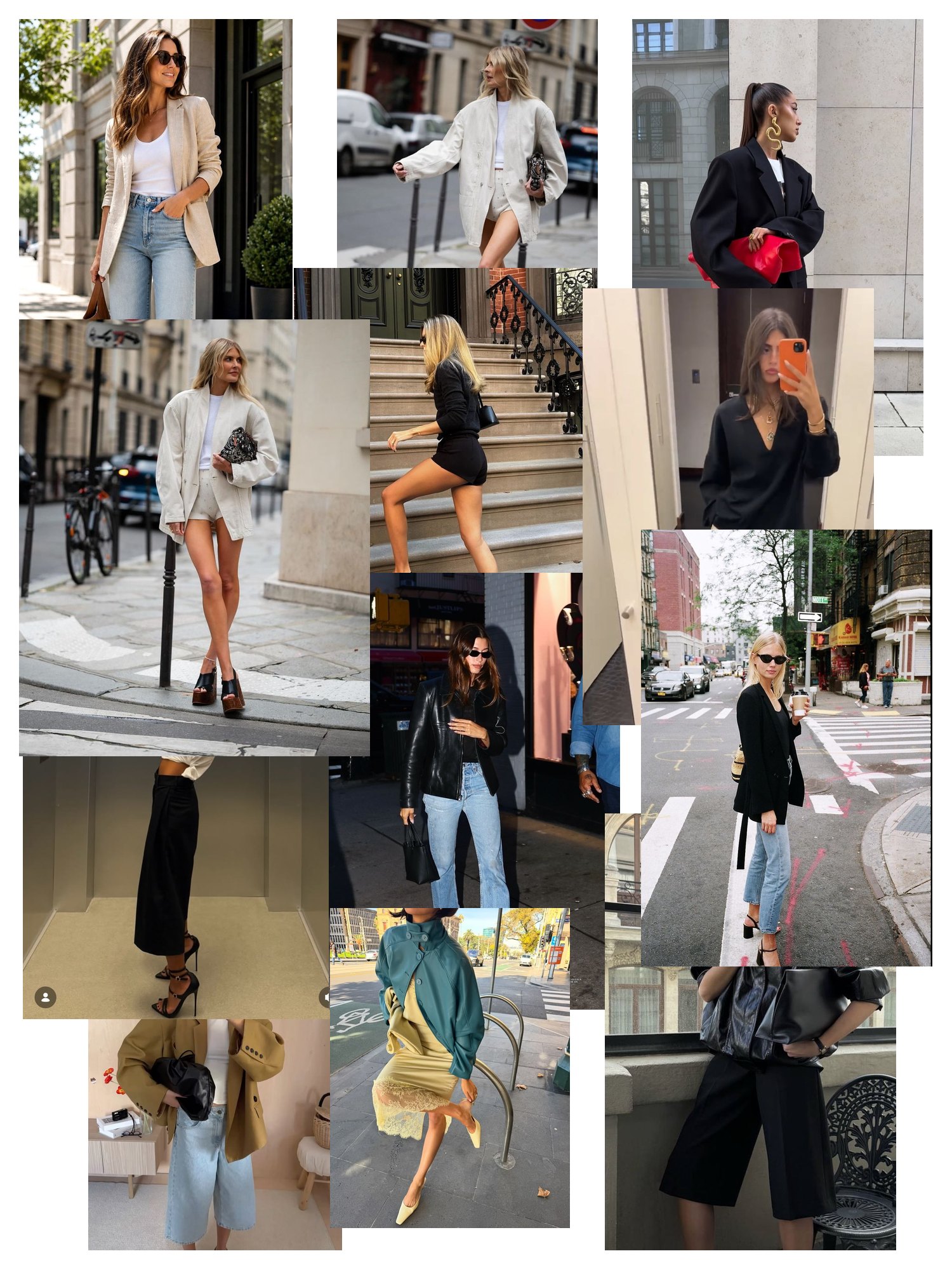 Street-style collage of 12 outfit photos featuring comfortable heels, scattered and overlapping