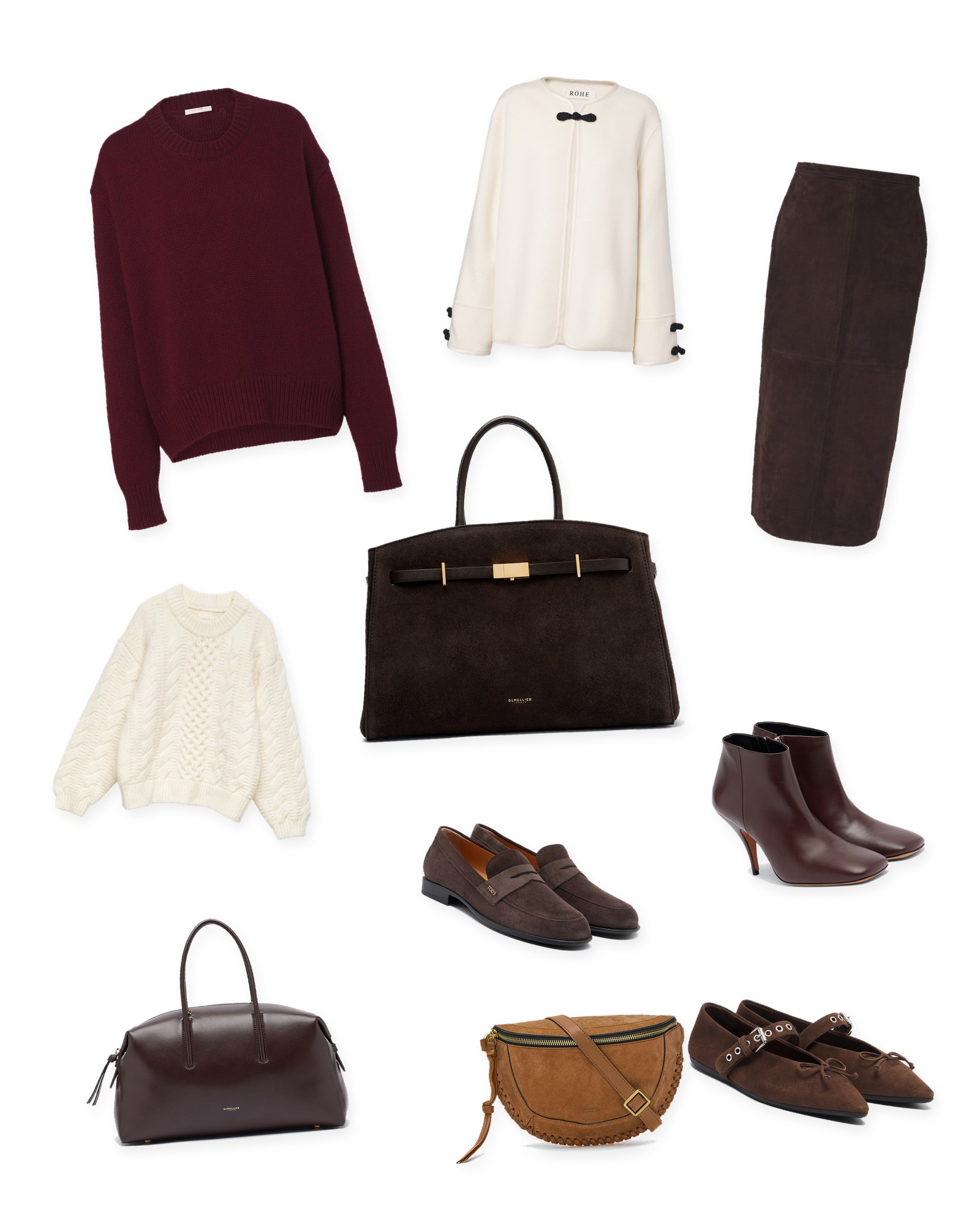 Flat lay of a burgundy cashmere sweater, a brown suede pencil skirt, cream knits, a dark brown suede tote, burgundy ankle boots, a burgundy leather bag and brown suede loafers and flats on white.