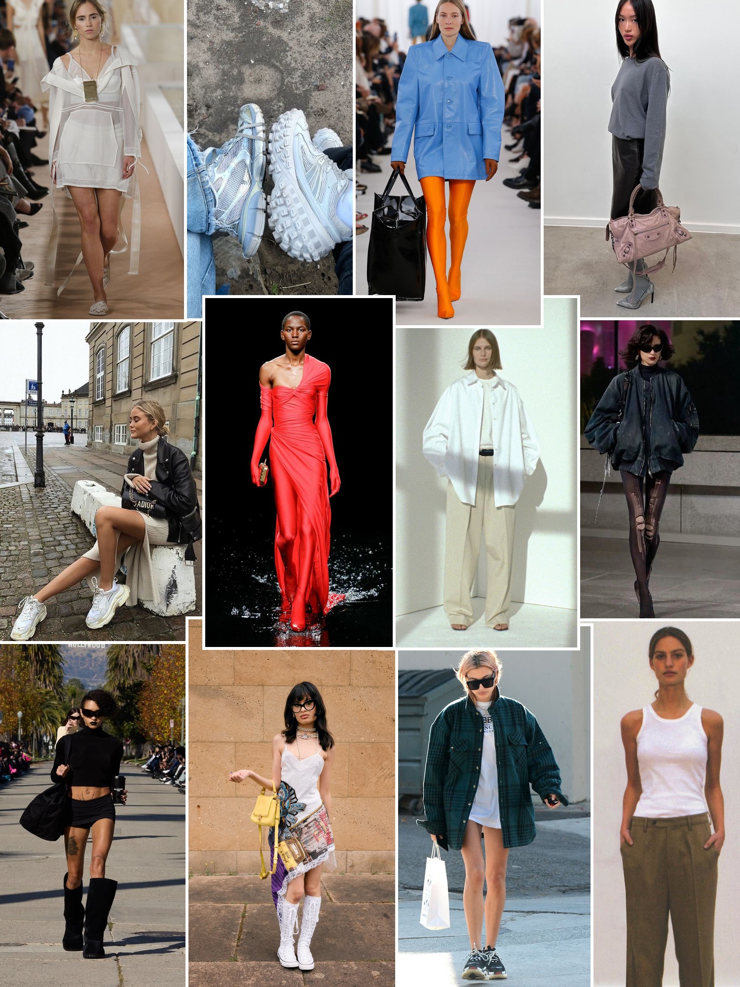 Collage of runway looks, campaign shots and street style outfits that capture the Balenciaga mood