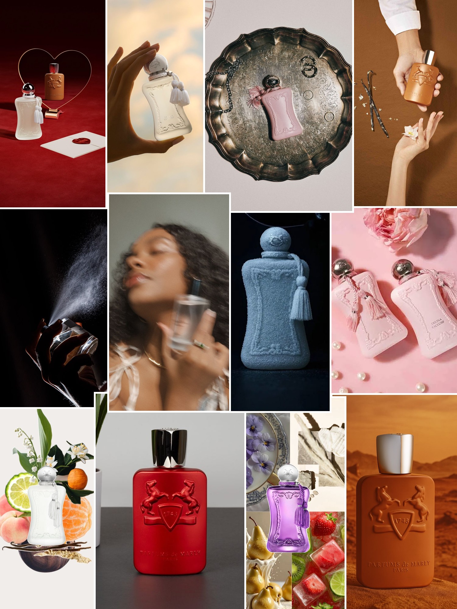 Collage of perfume bottles, scent rituals, soft florals and atmospheric fragrance campaign portraits