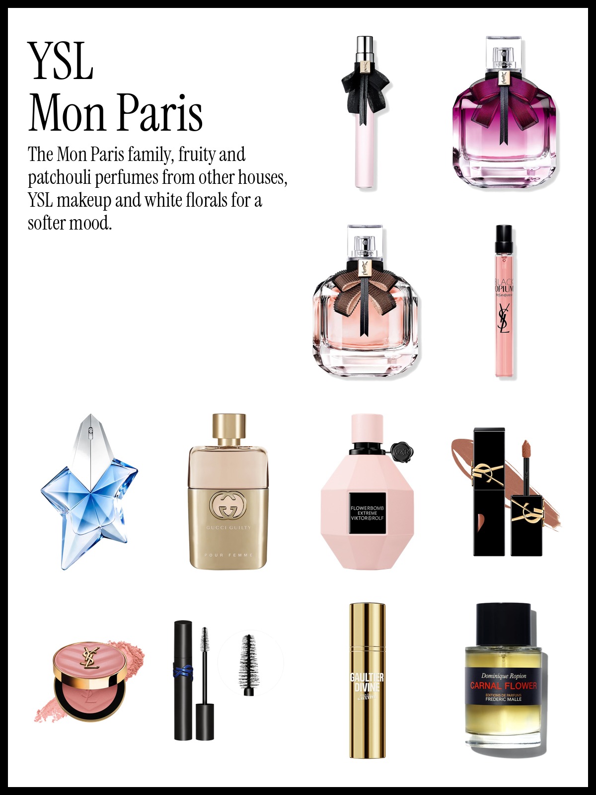 Collage of YSL Mon Paris Eau de Parfum, Mugler Angel Eau de Parfum and the YSL The Inks Vinyl Cream High Shine Lip Stain.