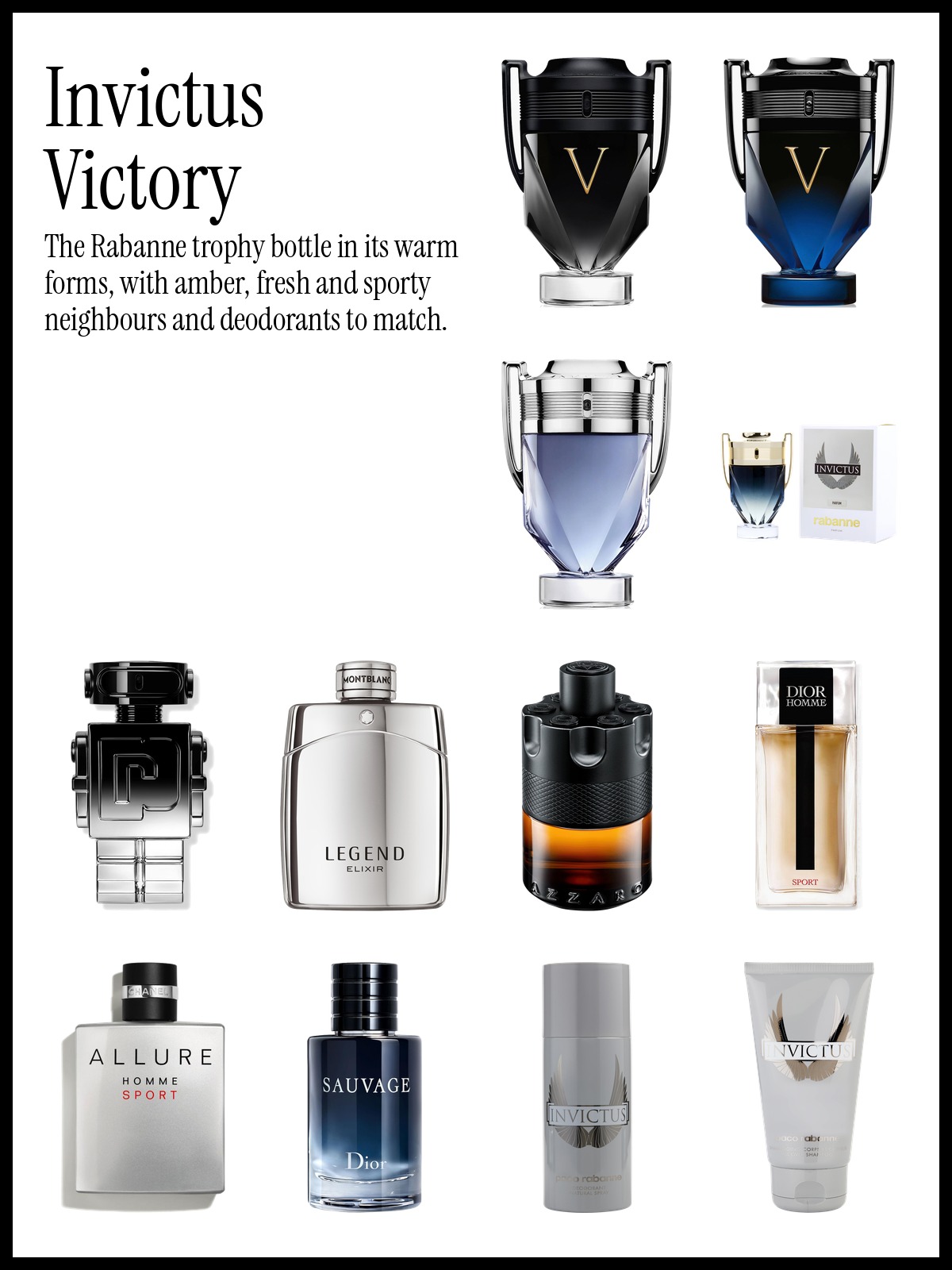 Collage of Rabanne Invictus Victory Eau de Parfum, Rabanne Phantom Elixir and Dior Homme Sport Eau de Toilette