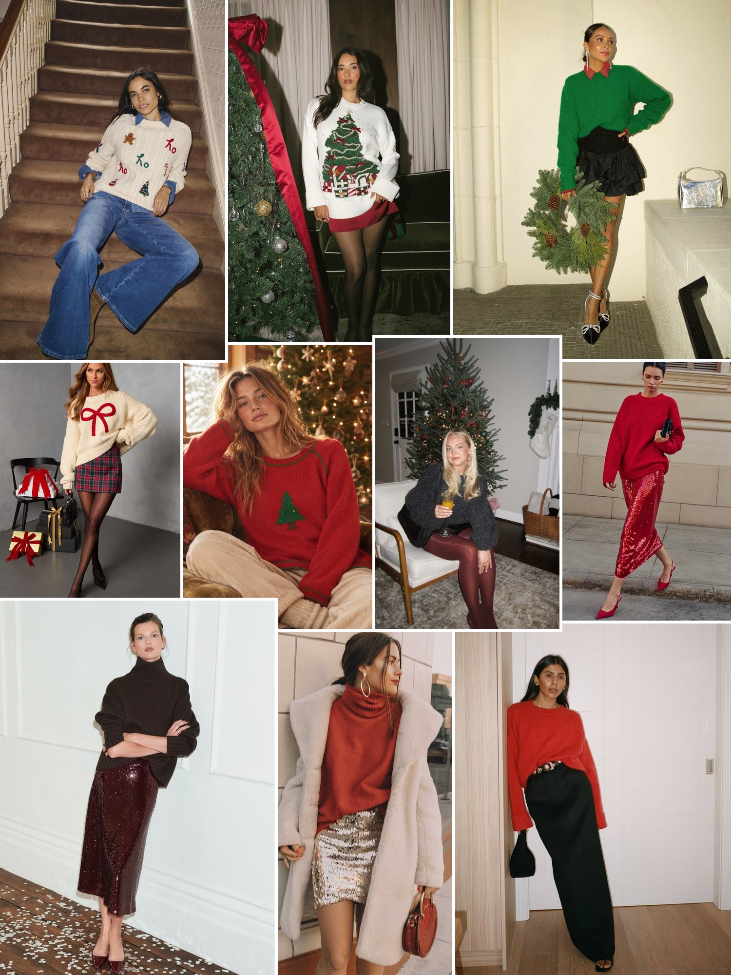 Collage of sparkle sweaters for holiday parties