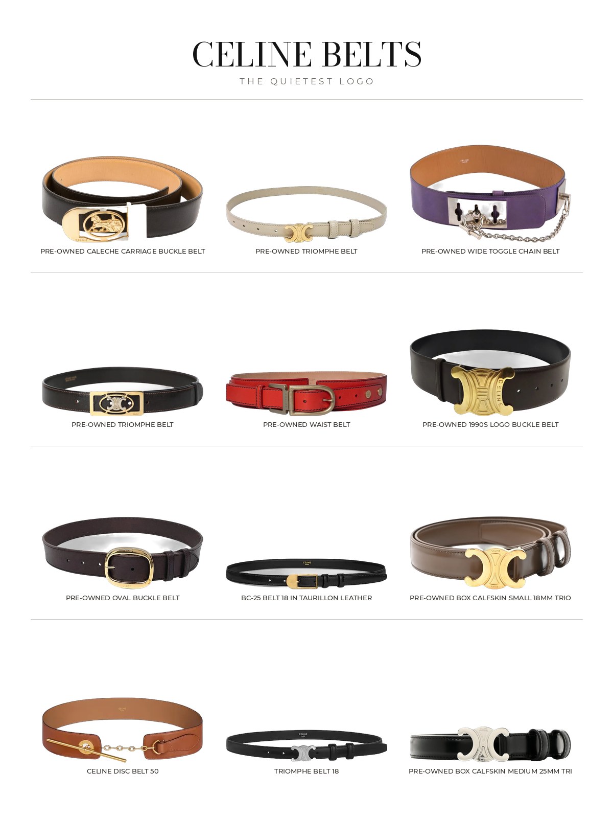 Celine Belts line sheet of products from the edit
