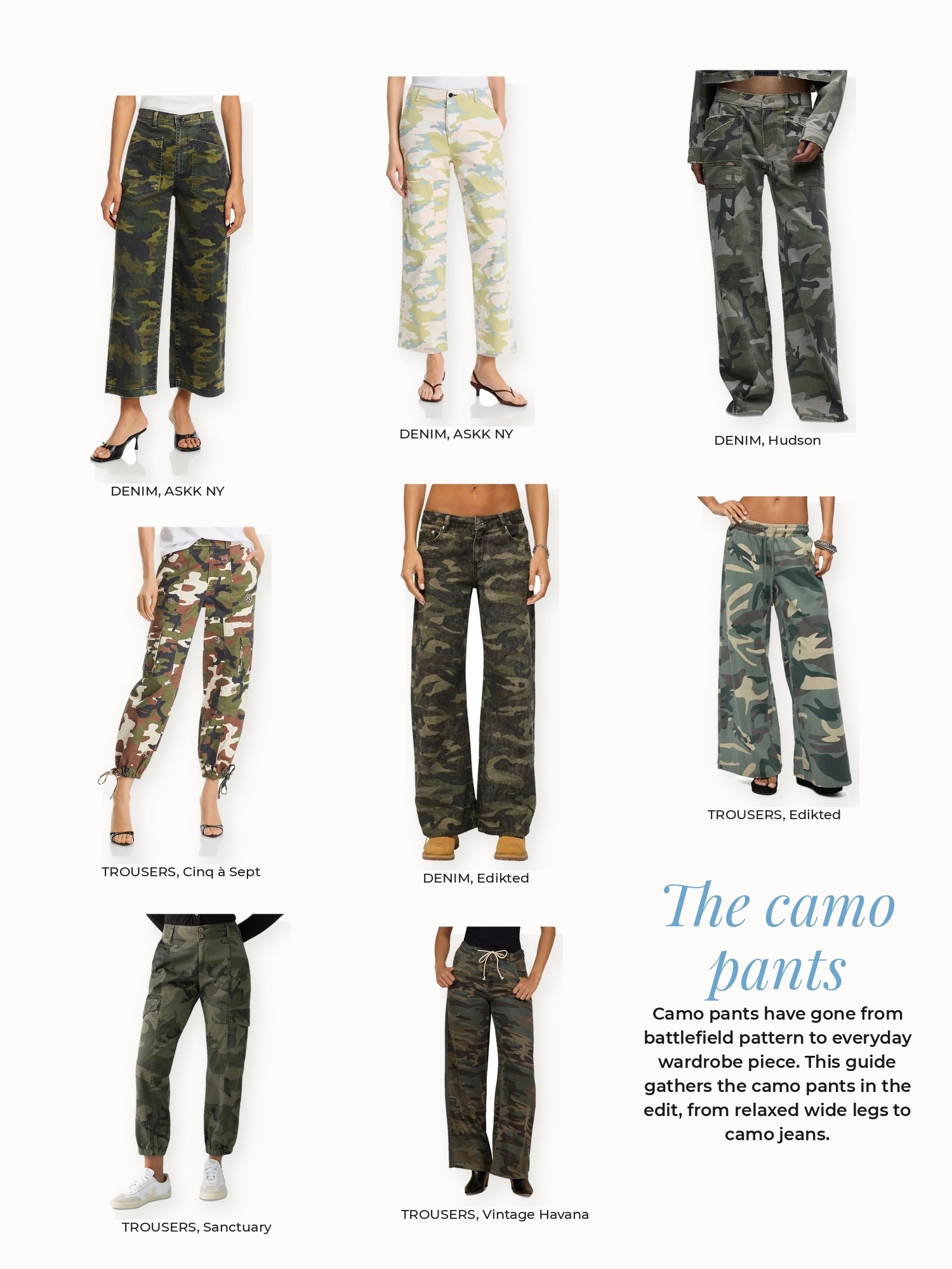 Camo pants collage: ASKK NY, Cinq à Sept, Edikted, Hudson, Sanctuary, Vintage Havana