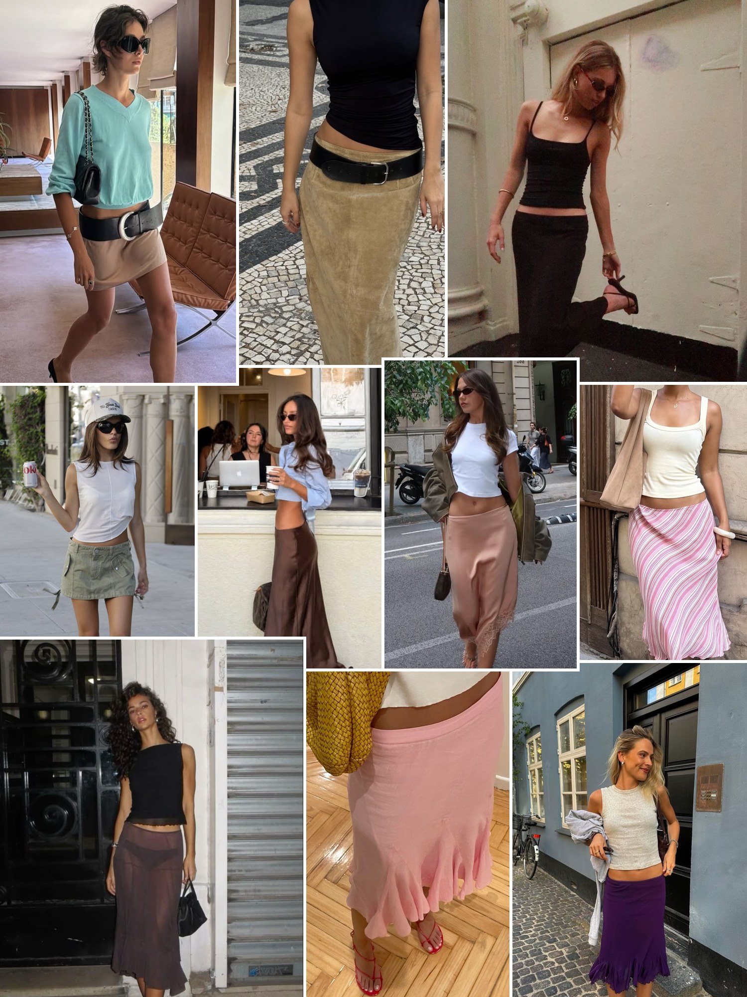 Collage of everyday outfits built around Drop waist skirt