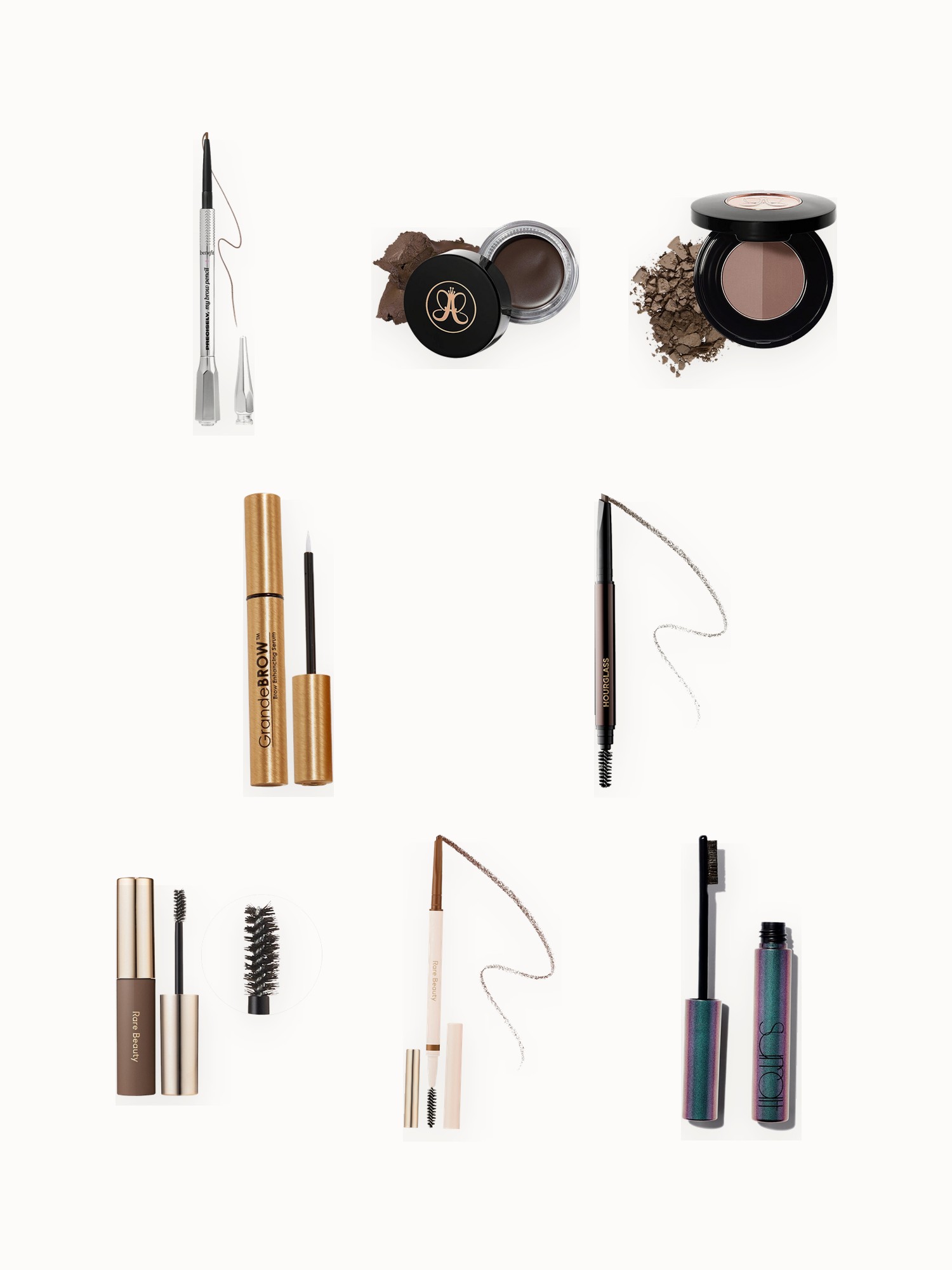 Flat lay of brow pencils, a brow powder duo, brow pomades, a laminating brow gel and a brow serum on an off-white background