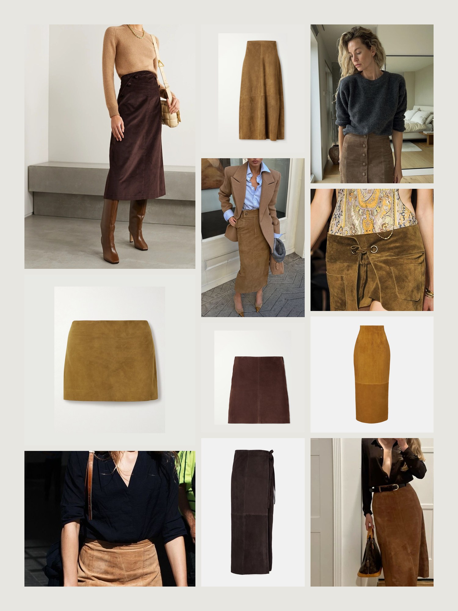 Mood board for Suede Skirt: street-style photos, close-up details and product shots from this edit