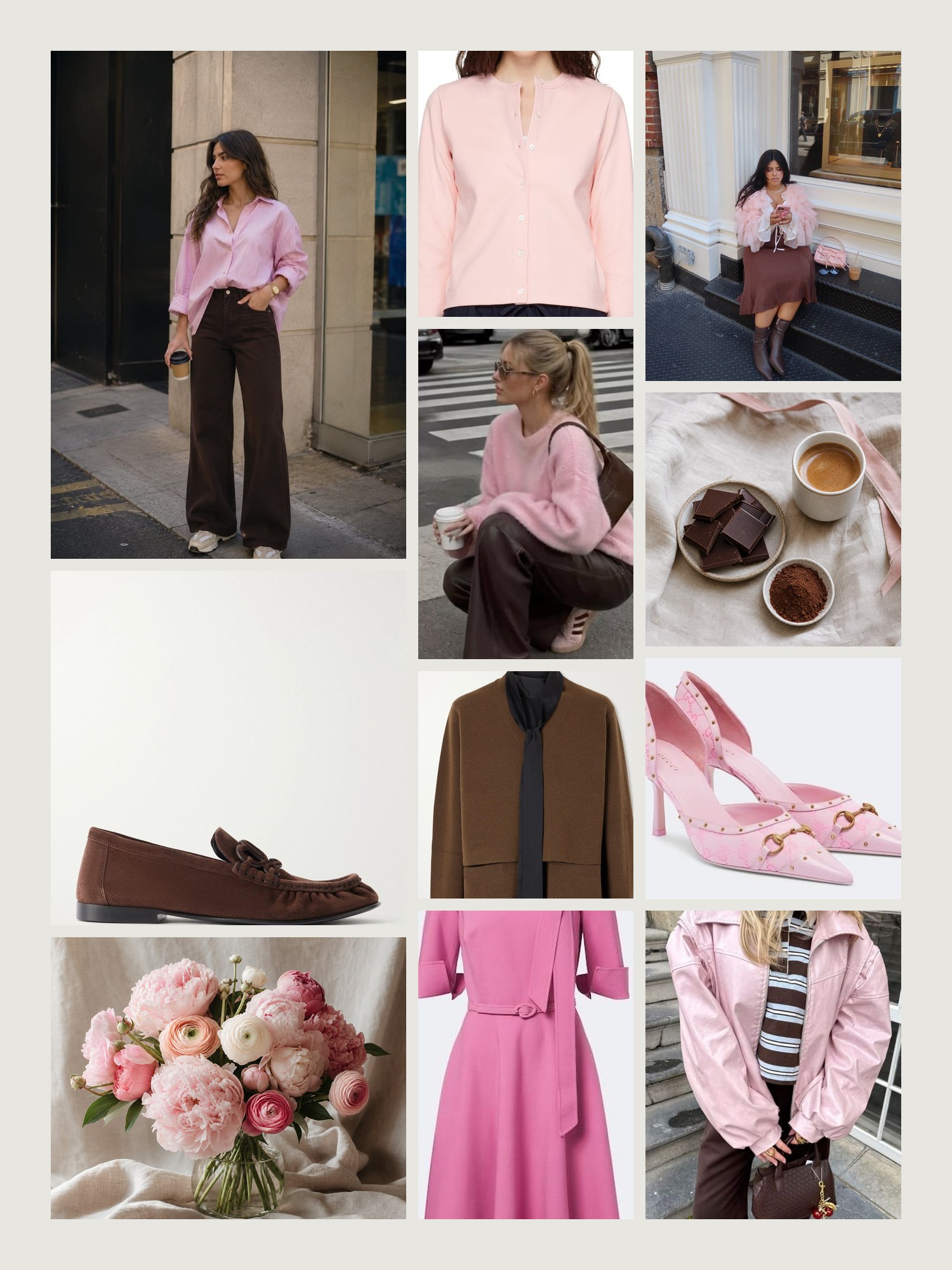 Mood board for pink and brown outfits: four street-style photos of women wearing pink and brown, close-ups of the Sacai cardigan, the Flore Flore cardigan, the Oscar de la Renta midi dress, the Loewe loafers and the Gucci pumps from this edit, and two still lifes in both colors