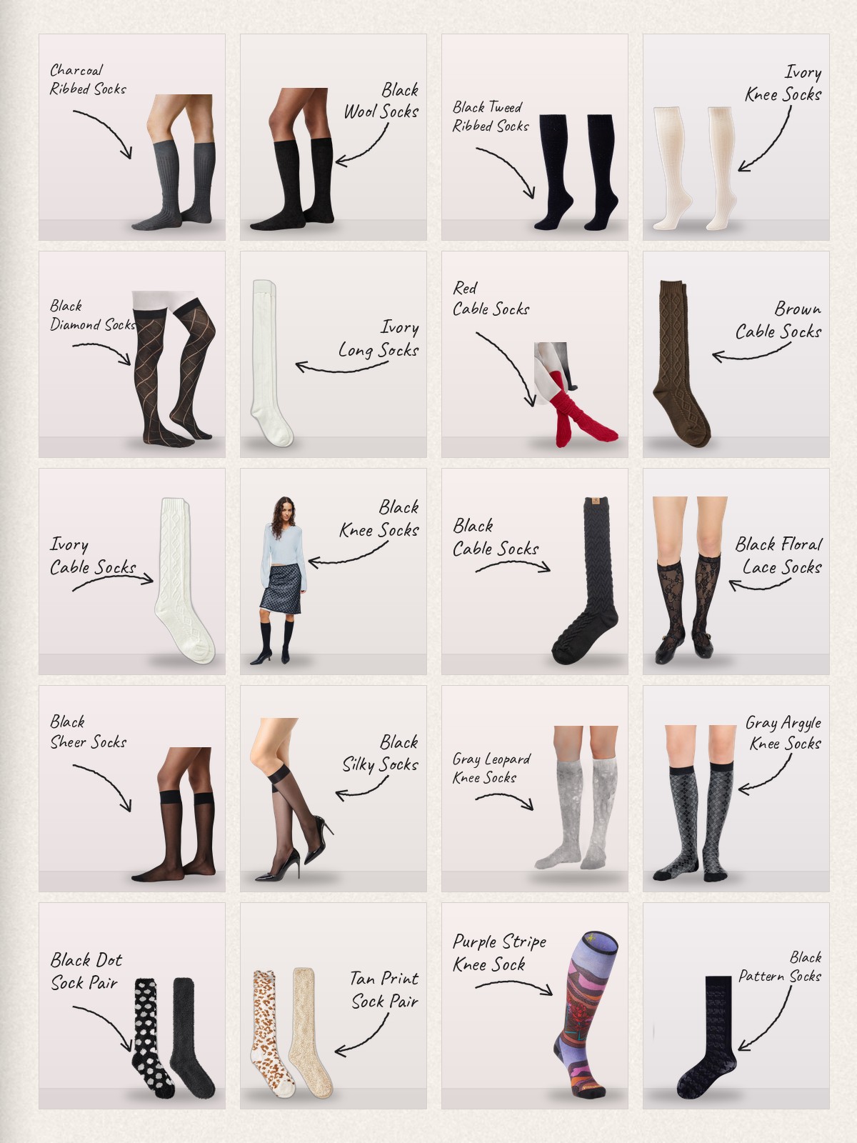 Collage: twenty Knee socks products with handwritten labels