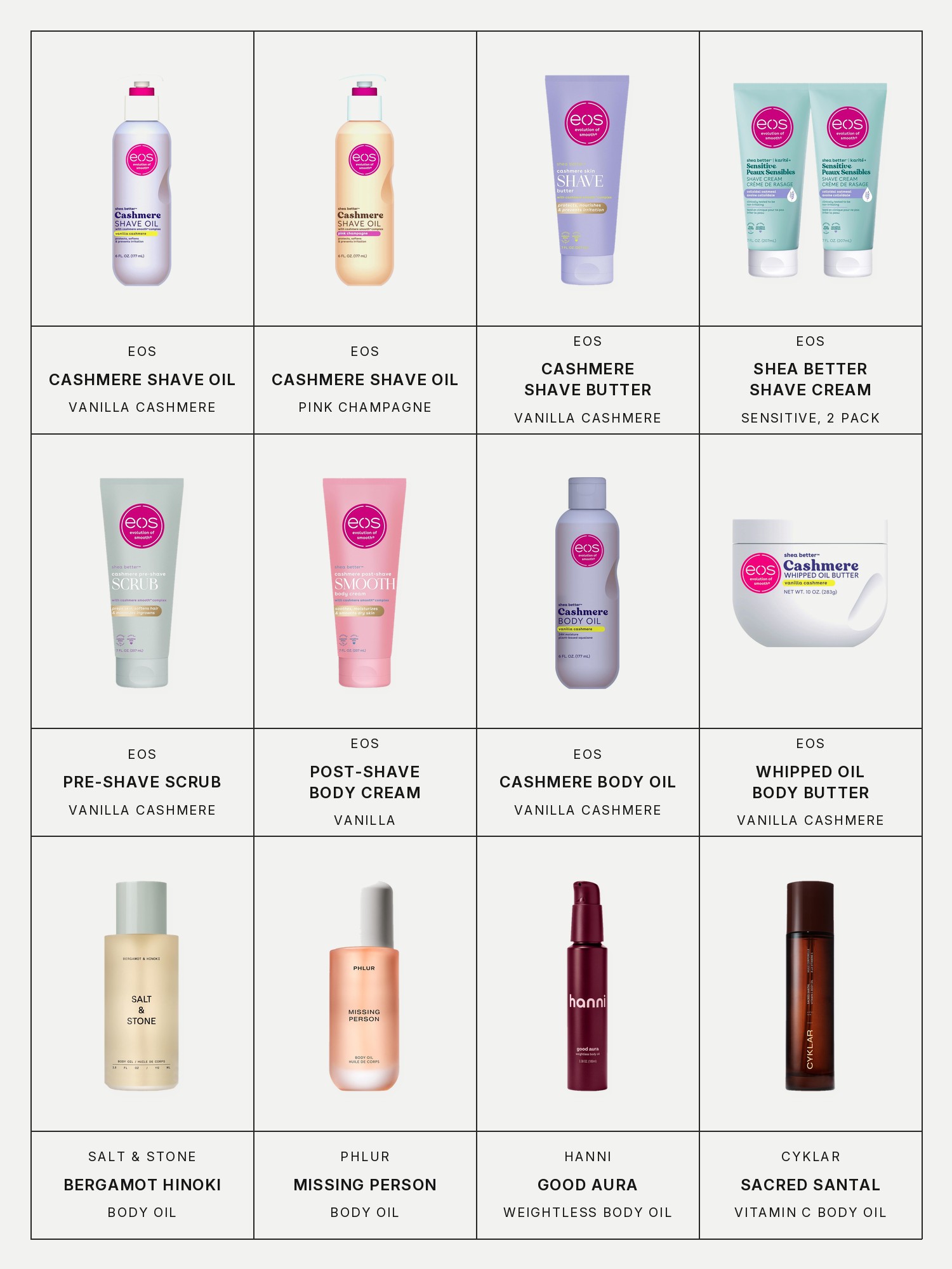 Twelve boxes on a pale gray page, one for each product in the first three grids of this edit, each with its brand and name printed below: eos Vanilla Cashmere Shave Oil, eos Pink Champagne Cashmere Shave Oil, eos Cashmere Shave Butter Vanilla Cashmere, eos Shea Better Sensitive Shave Cream, 2 Pack, eos Cashmere Pre-Shave Scrub Vanilla Cashmere, eos Cashmere Post-Shave Smooth Body Cream Vanilla, eos Cashmere Body Oil Vanilla Cashmere, eos Cashmere Whipped Oil Body Butter Vanilla, Salt & Stone Bergamot & Hinoki Body Oil, Phlur Missing Person Body Oil, Hanni Good Aura Weightless Body Oil and Cyklar Sacred Santal Vitamin C Body Oil.