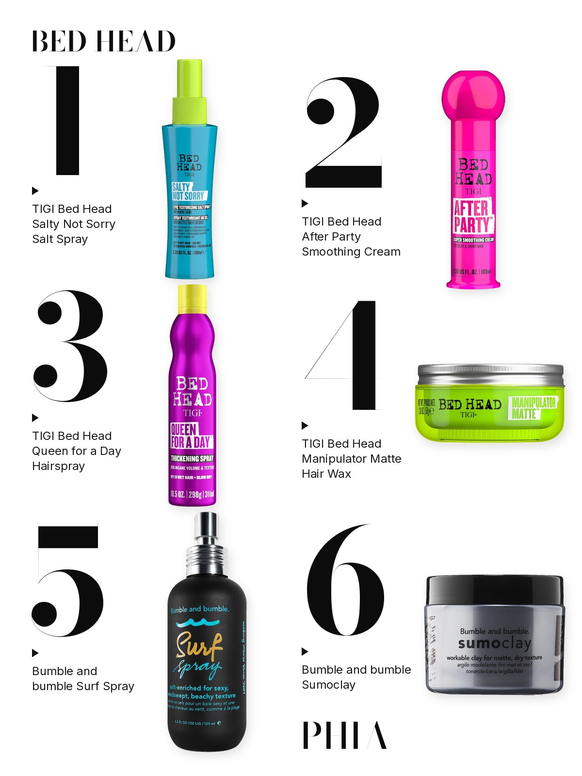 Big numbers collage titled BED HEAD, six products numbered one to six with each product set beside its number: TIGI Bed Head Salty Not Sorry Salt Spray, TIGI Bed Head After Party Smoothing Cream, TIGI Bed Head Queen for a Day Hairspray, TIGI Bed Head Manipulator Matte Hair Wax, Bumble and bumble Surf Spray and Bumble and bumble Sumoclay