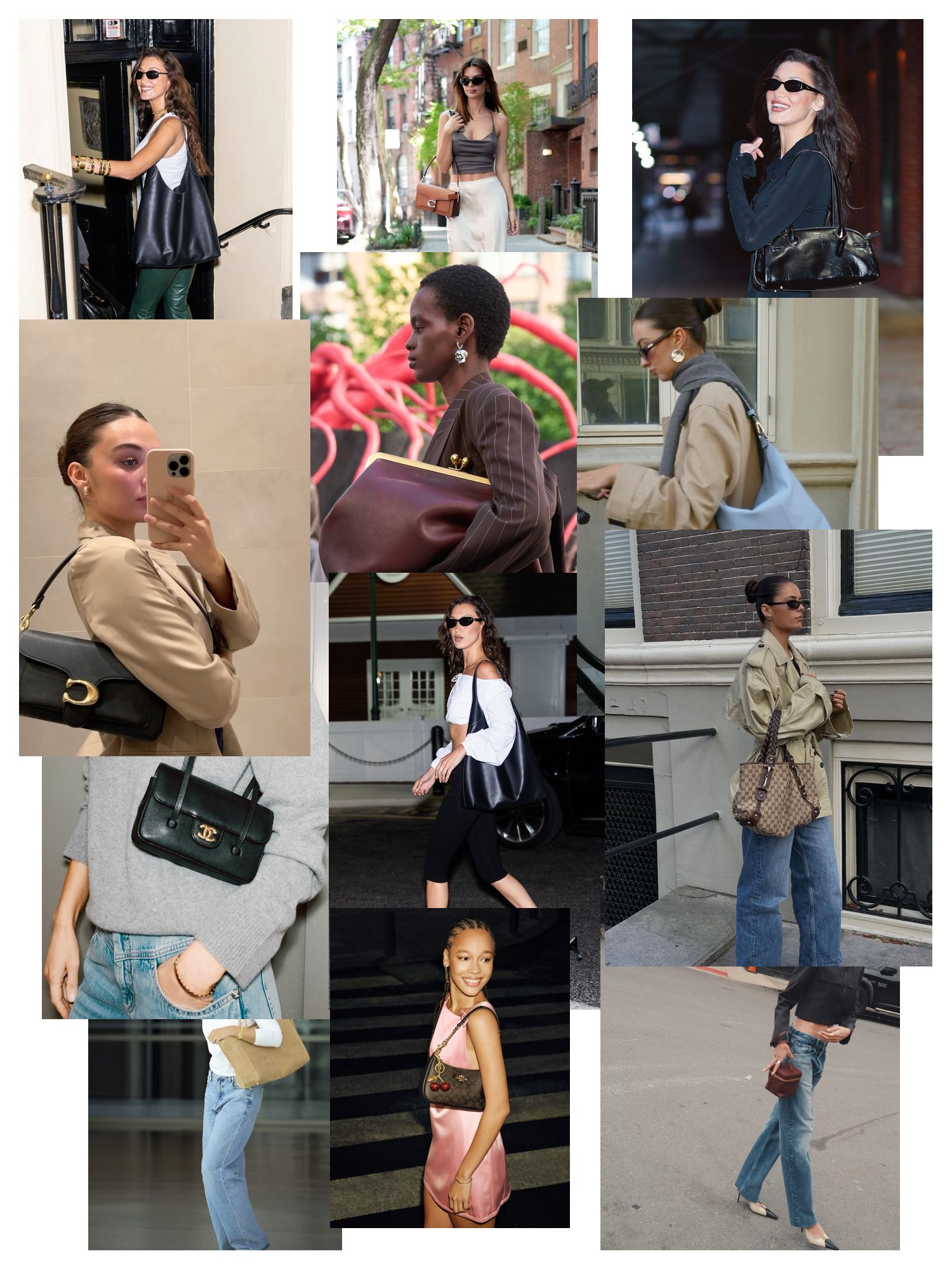 Street-style collage of 12 outfit photos featuring coach shoulder bag, scattered and overlapping