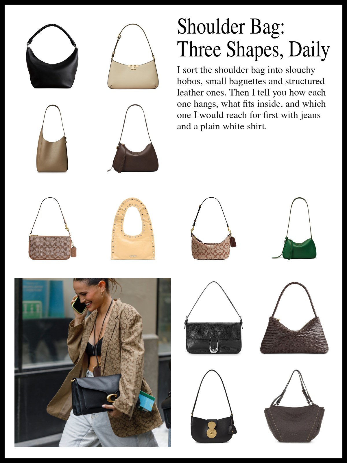 A collage of slouchy hobo bags, small baguette bags, structured leather bags, and a mood photo of a woman in a printed blazer carrying a black leather shoulder bag.