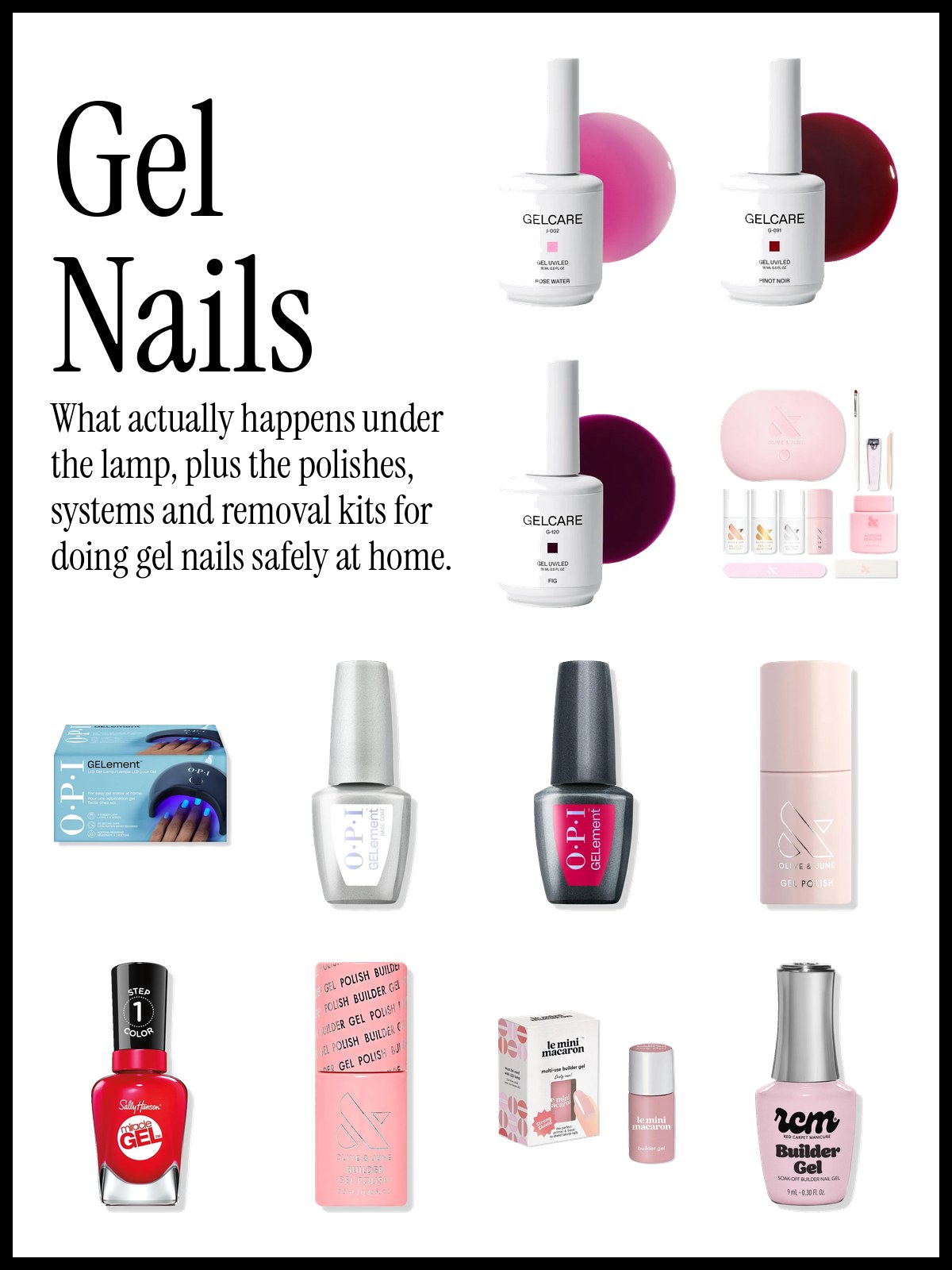 Collage of gel nail polish shades, a UV lamp and gel removal pads