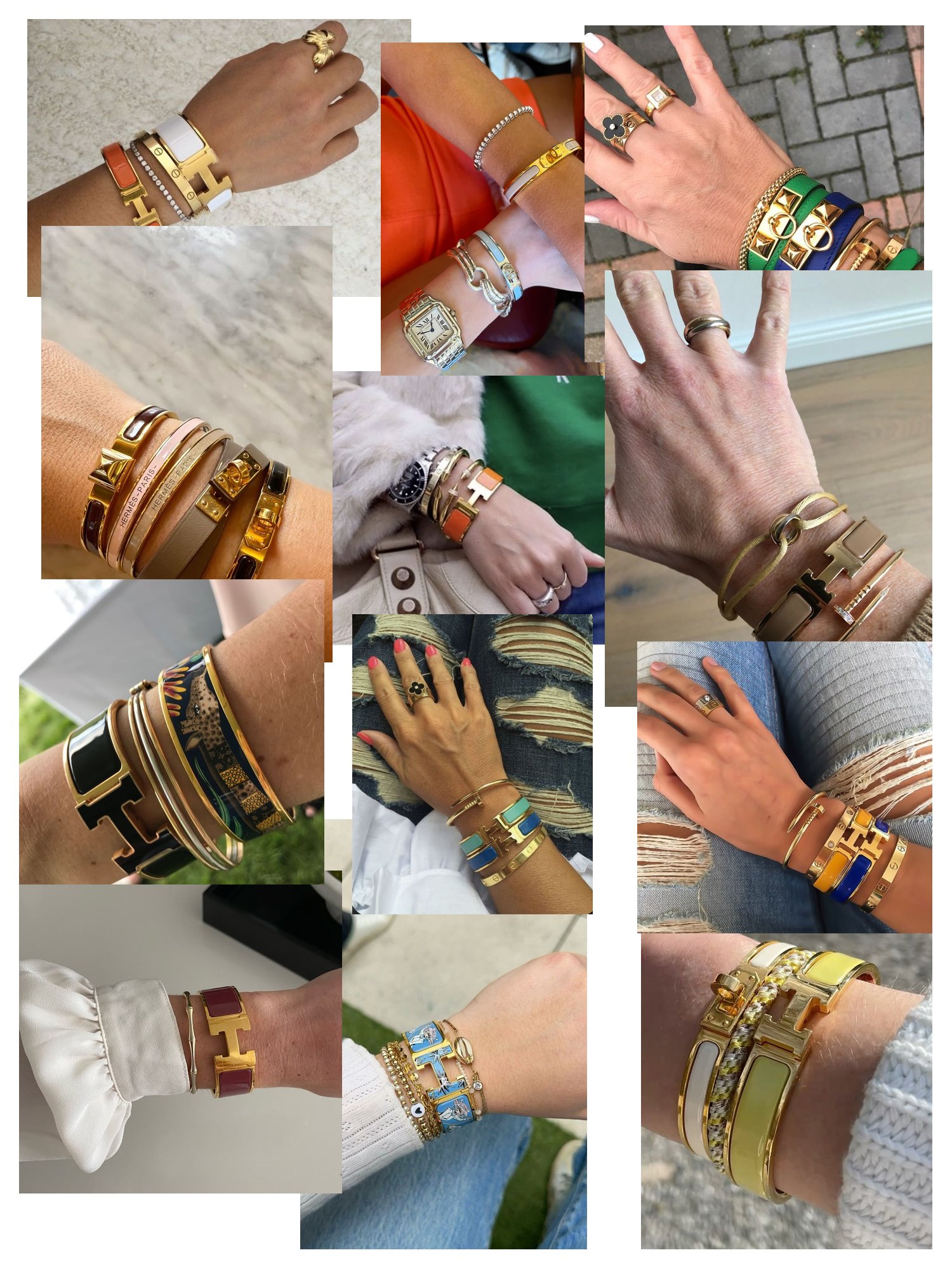 Street-style collage of 12 outfit photos featuring hermes bracelet, scattered and overlapping